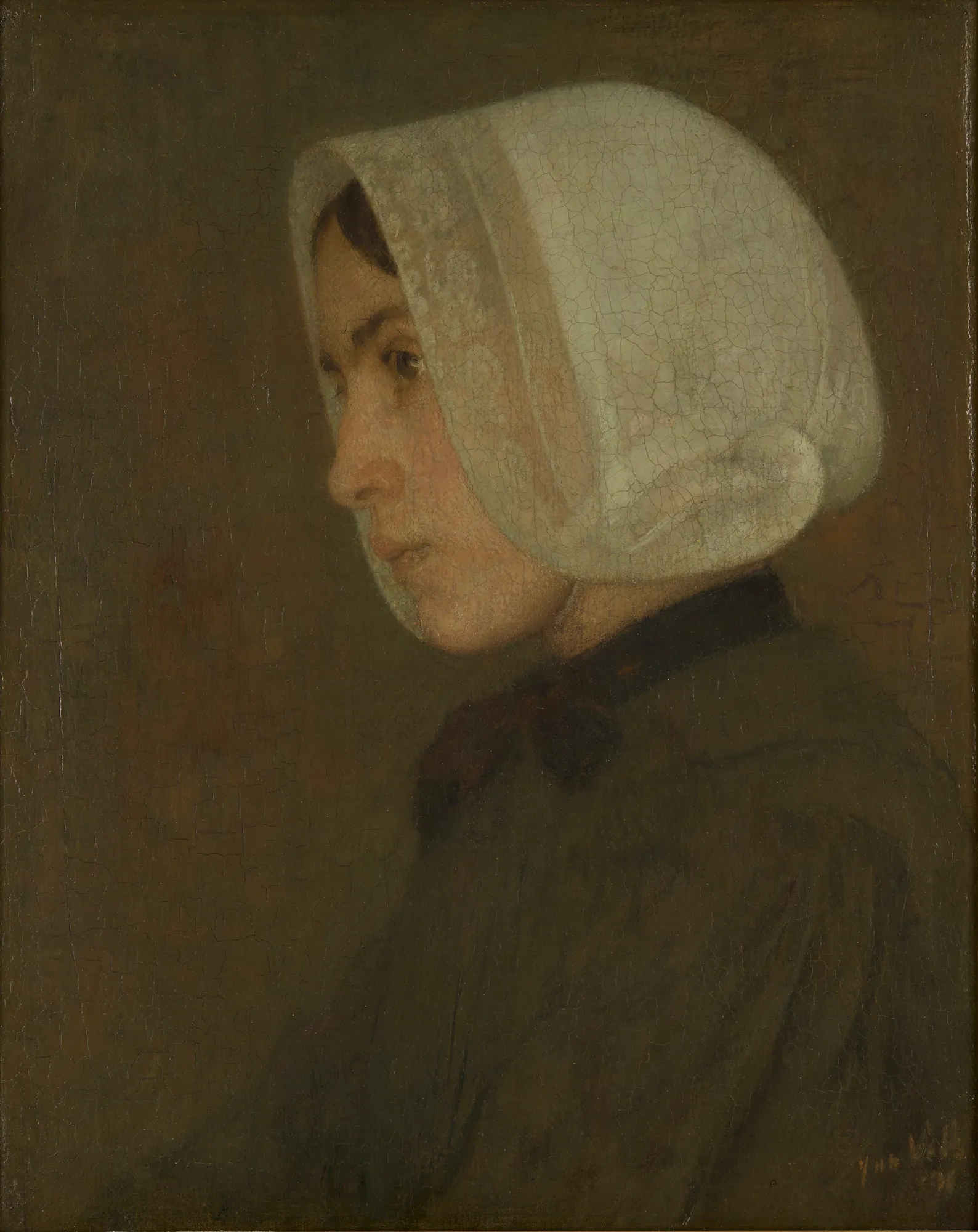 Heintje, a Girl from Het Gooi Heintje, a Girl from Het Gooi by Jan Veth. A profile portrait of a young girl with dark hair wearing a translucent white bonnet and a dark dress against a textured brown background.