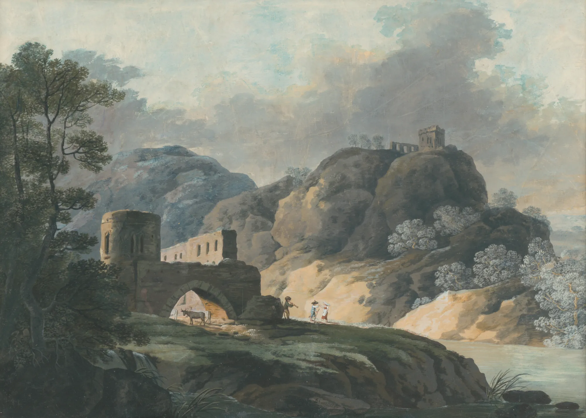 Landscape with Castle Ruin II Landscape with Castle Ruin II by Ján Jakub Müller. A Romantic landscape featuring classical stone ruins, rocky hills, and small figures near a river under a cloudy sky.