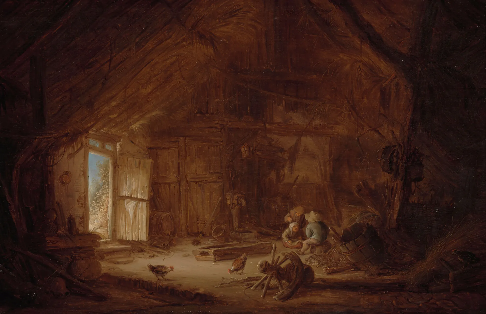 Interior of a Barn with Three Children