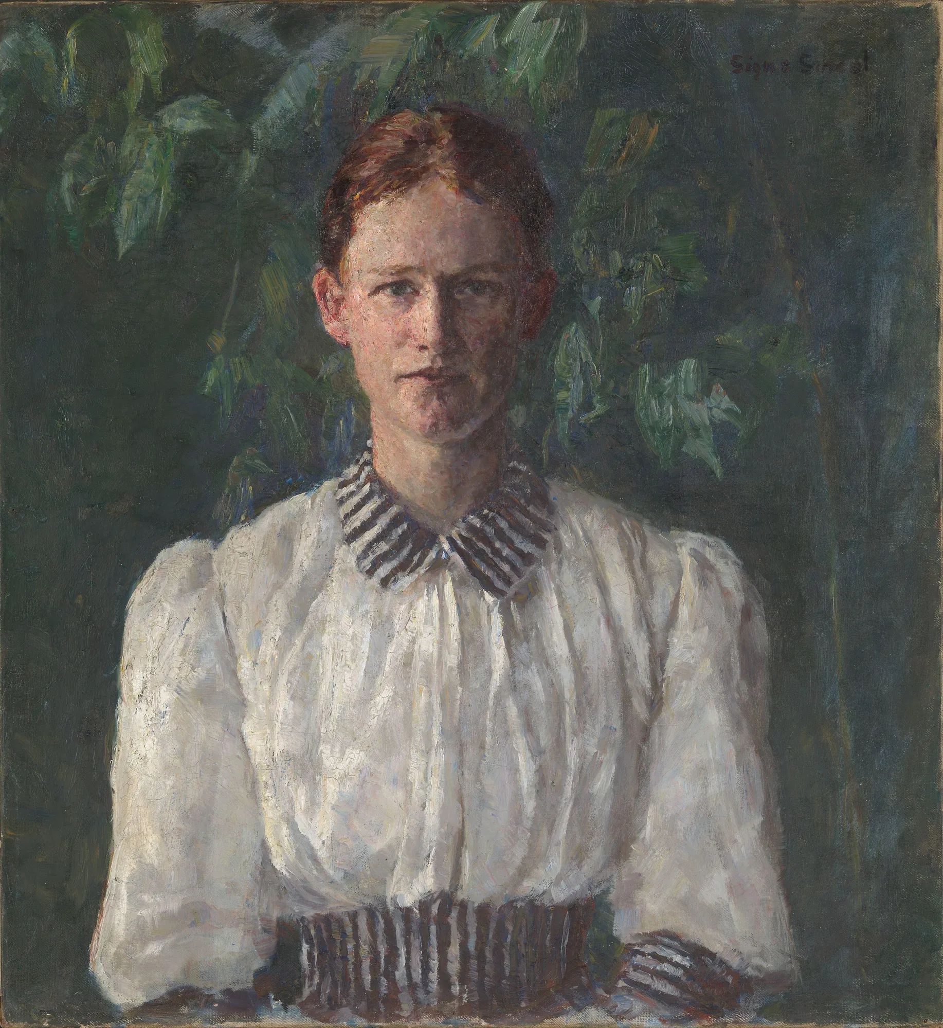 Portrait of Helga Ring Reusch Portrait of Helga Ring Reusch by Signe Scheel. A portrait of a red-haired woman in a white blouse with striped accents against a dark green leafy background.