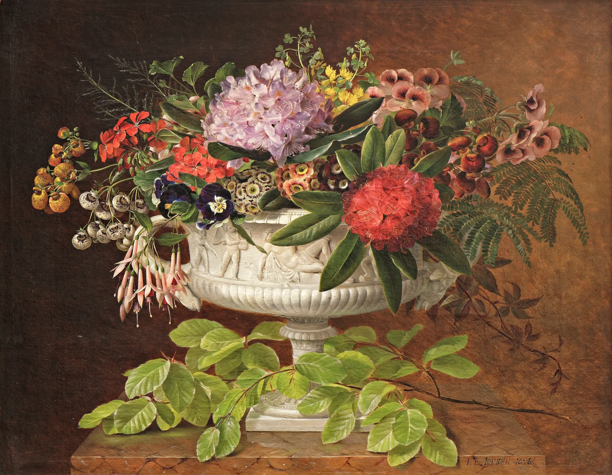 Flowers in a Centerpiece on a Marble Windowsill with a Beech Branch