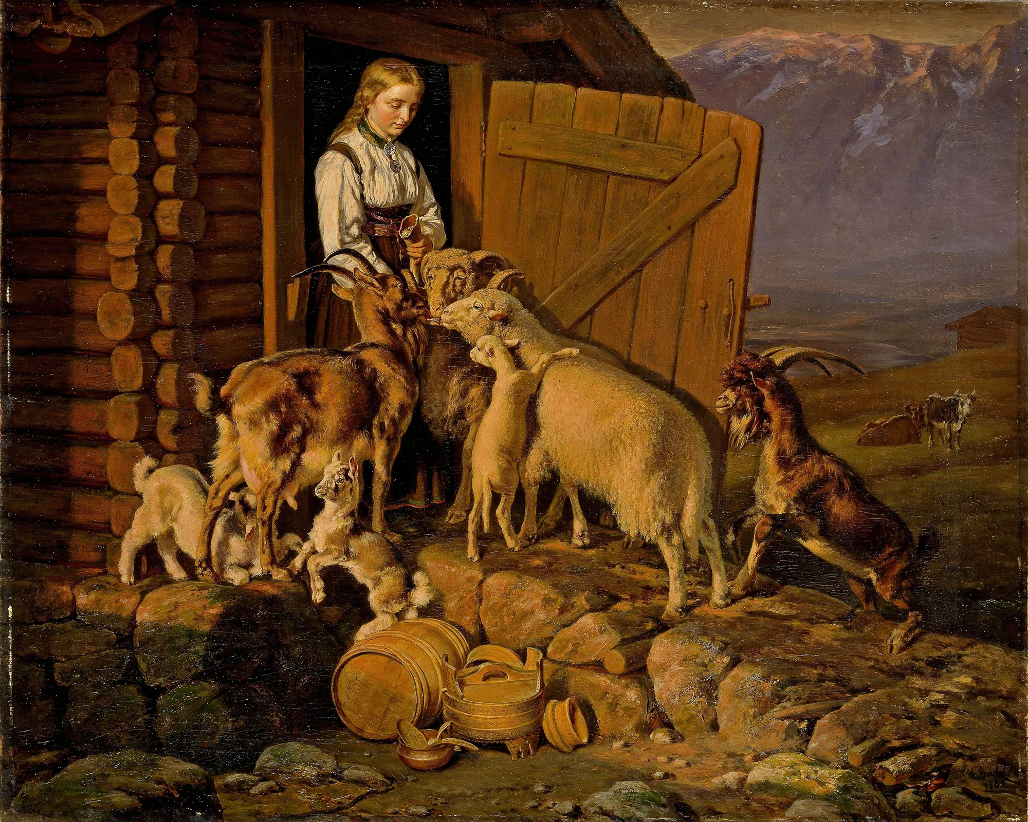 The Animals are given Salt The Animals are given Salt by Johann Siegwald Dahl. A young woman stands at the entrance of a log cabin, feeding salt to a lively group of goats and sheep against a background of high mountain peaks.