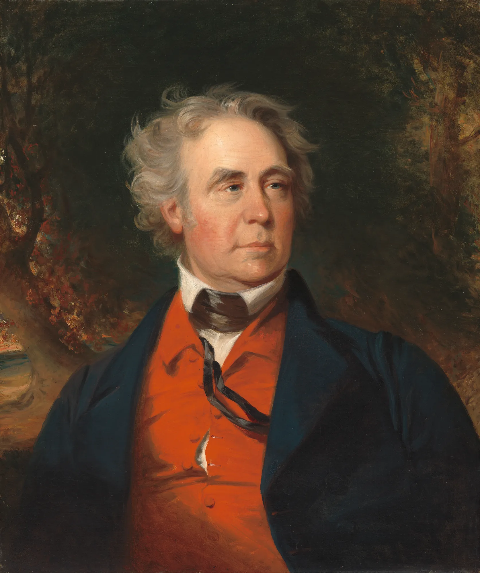 Richard Mentor Johnson Richard Mentor Johnson by John Neagle. A waist-up portrait of an older man with silver-grey hair wearing a vibrant red waistcoat and a dark blue overcoat against a dark, moody background.