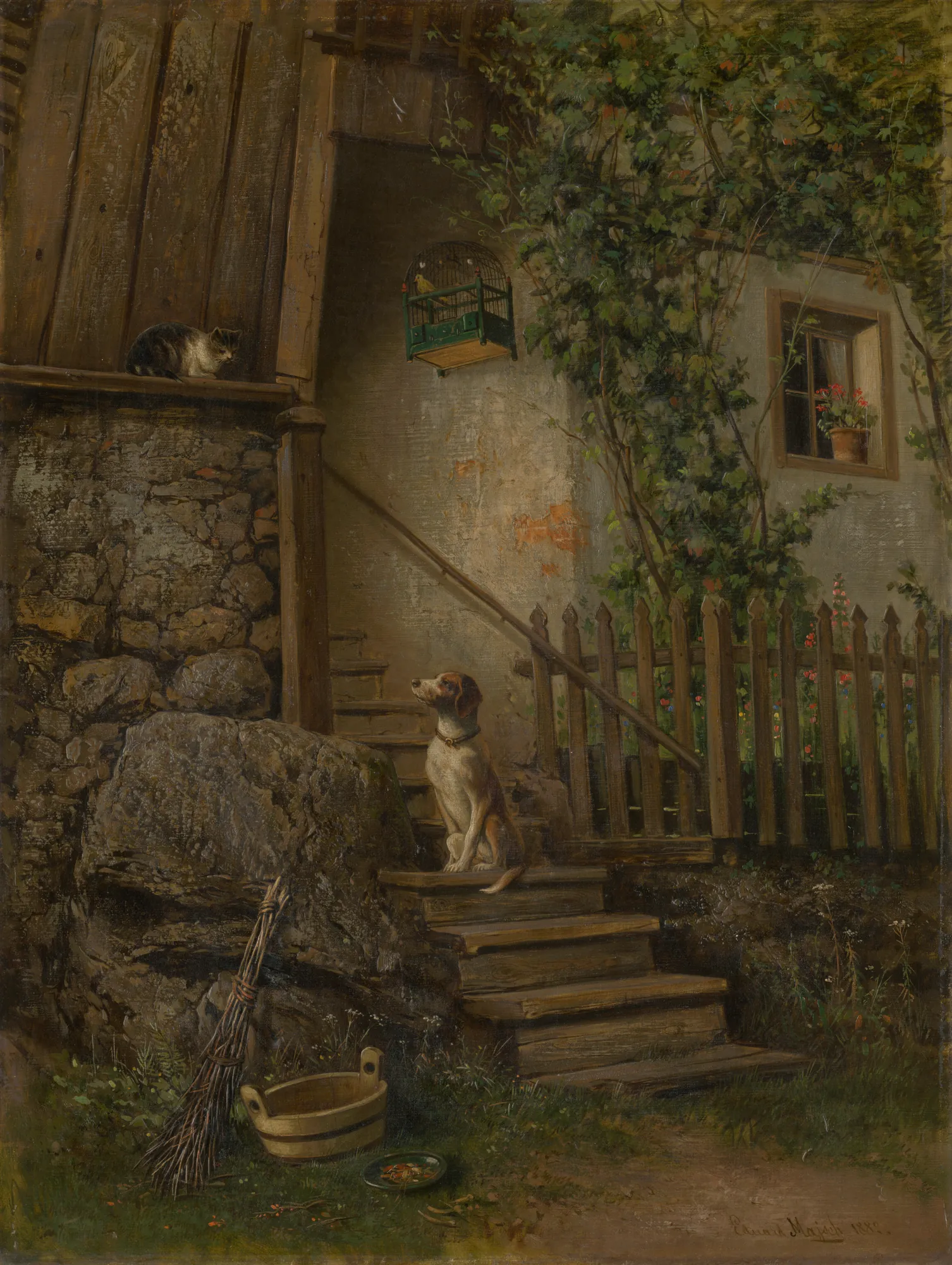 On the Porch (Dog and Cat) On the Porch (Dog and Cat) by Eduard Majsch. A small dog sits expectantly on wooden porch steps, looking up toward a cat perched on a ledge and a bird in a cage.