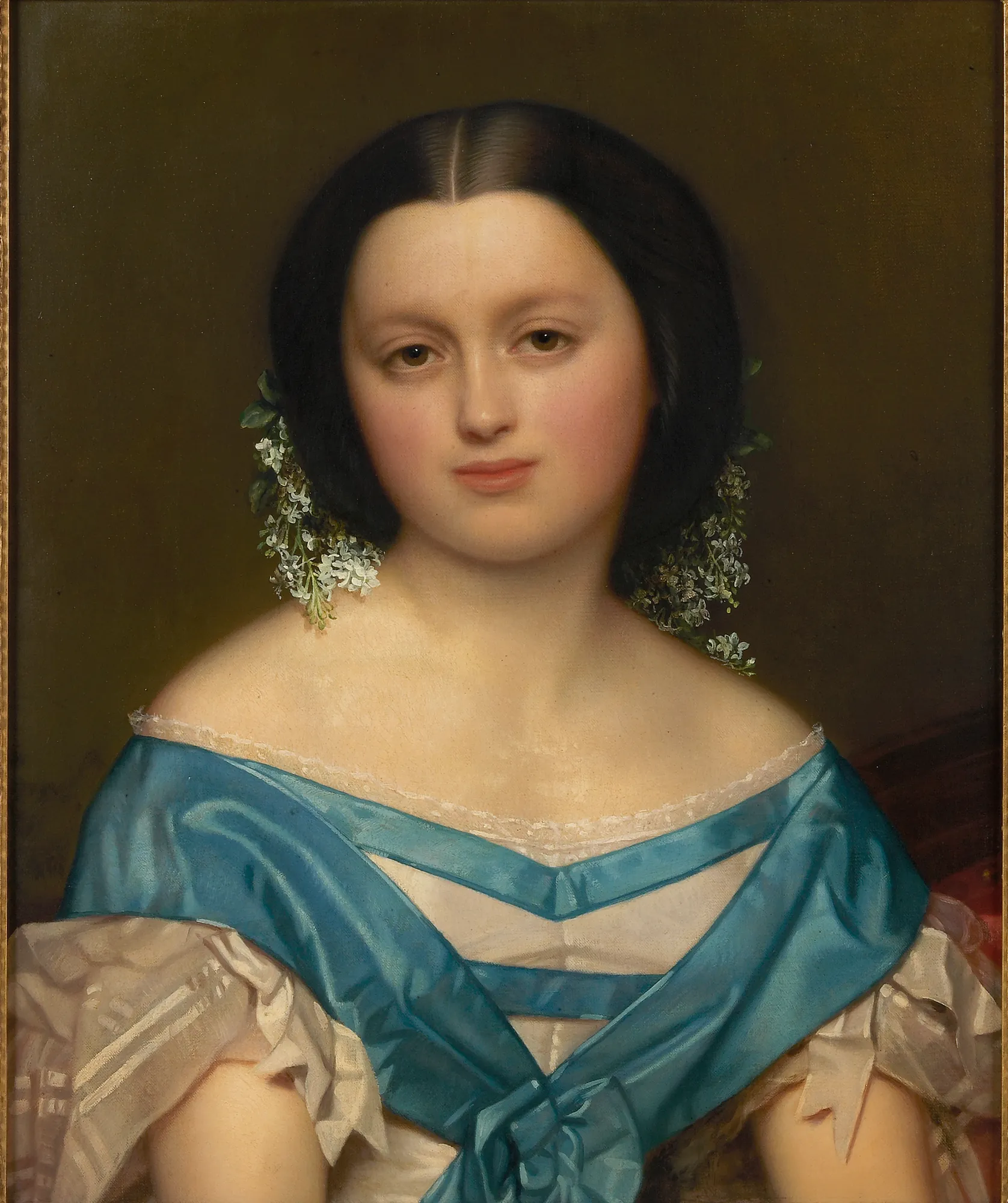Henriëtte Mayer van den Bergh Henriëtte Mayer van den Bergh by Jozef Van Lerius. A bust-length portrait of a young woman with dark hair adorned with white flowers, wearing a white gown and a striking blue sash.