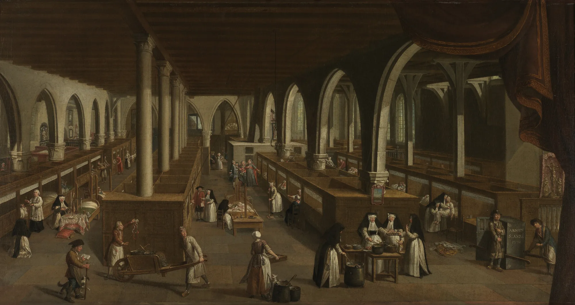The Wards at Saint John's Hospital The Wards at Saint John's Hospital by Jan Beerblock. A large, vaulted interior hall filled with figures in period dress, including nuns tending to patients in wooden cubicles under high Gothic arches.
