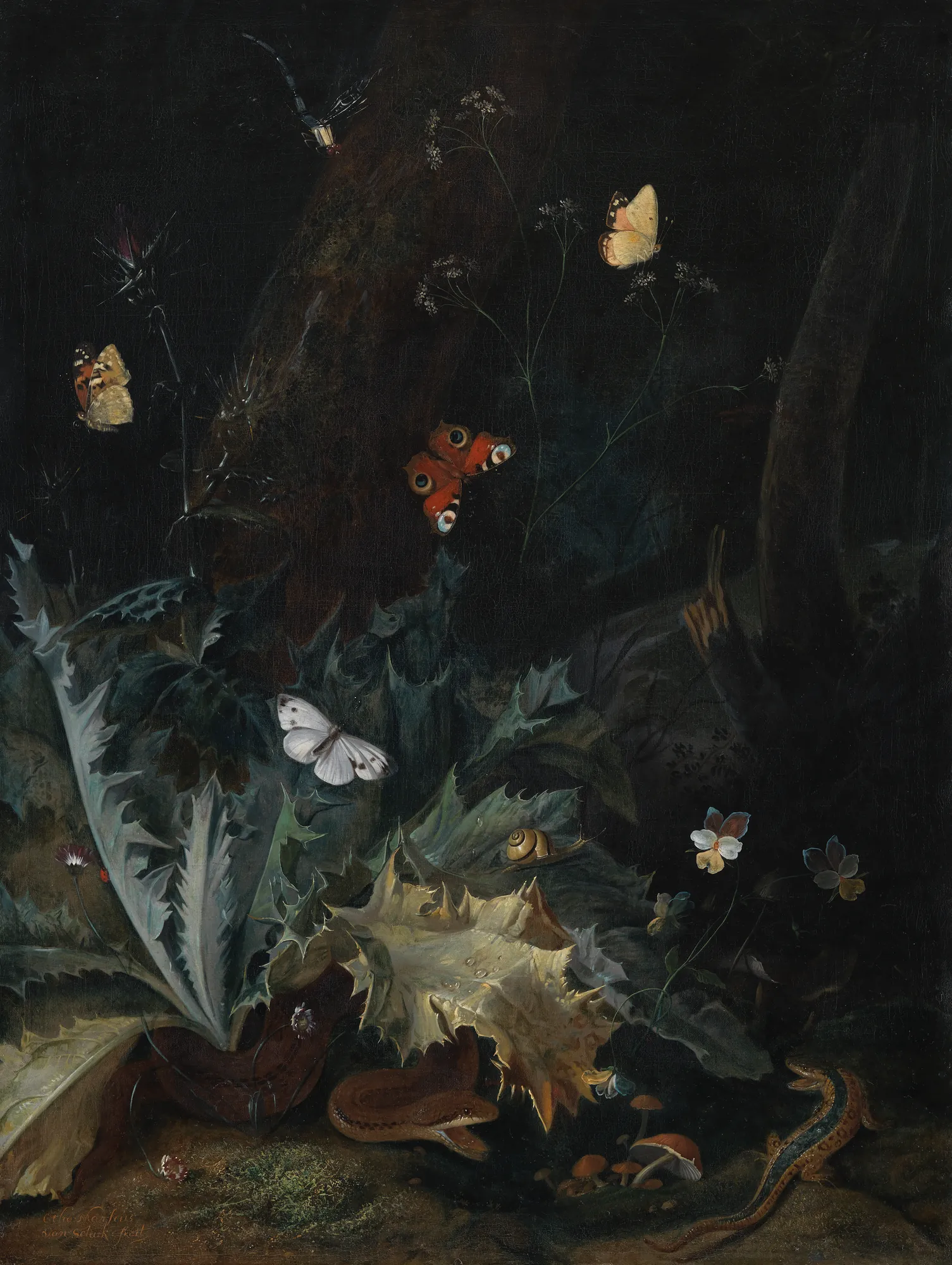 A Forest Floor with a Thistle, a Snake, a Lizard and Butterflies