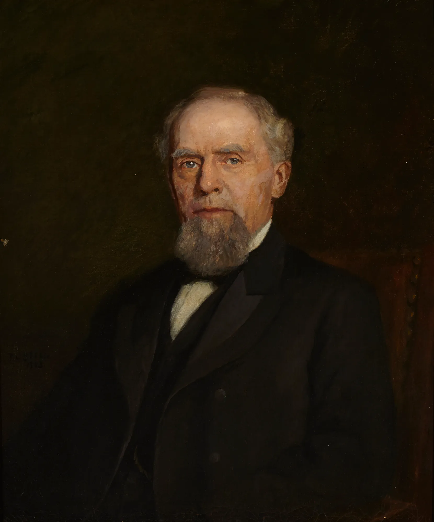 Portrait of William J. Holliday Portrait of William J. Holliday by Theodore Clement Steele. A bust-length portrait of a dignified older man with a gray beard, dressed in a dark suit against a shadowy background.