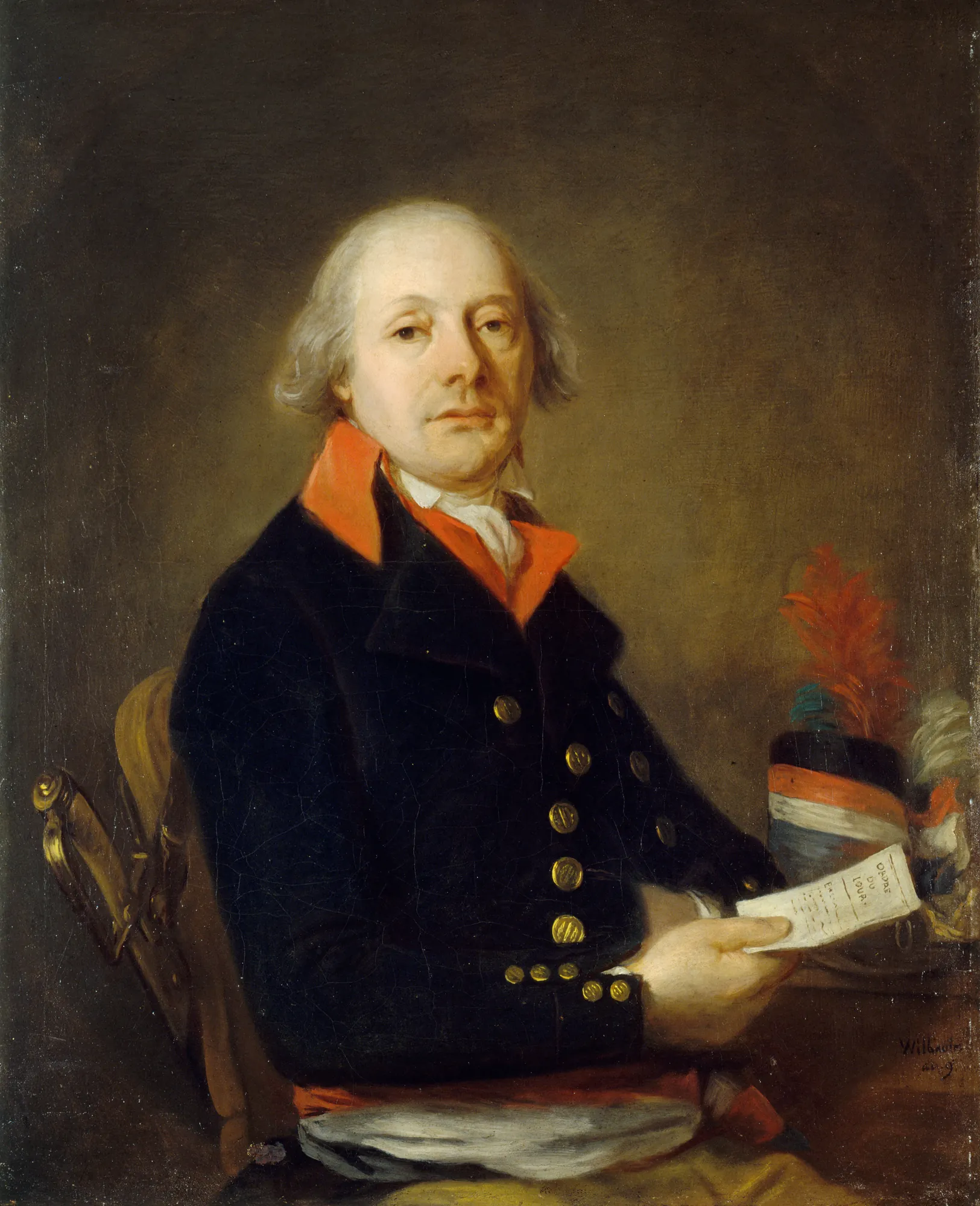 Portrait of a War Commissioner Portrait of a War Commissioner by Jacques Wilbaut. A waist-length portrait of a man in a dark blue uniform with a bright scarlet collar and gold buttons, holding a folded document.