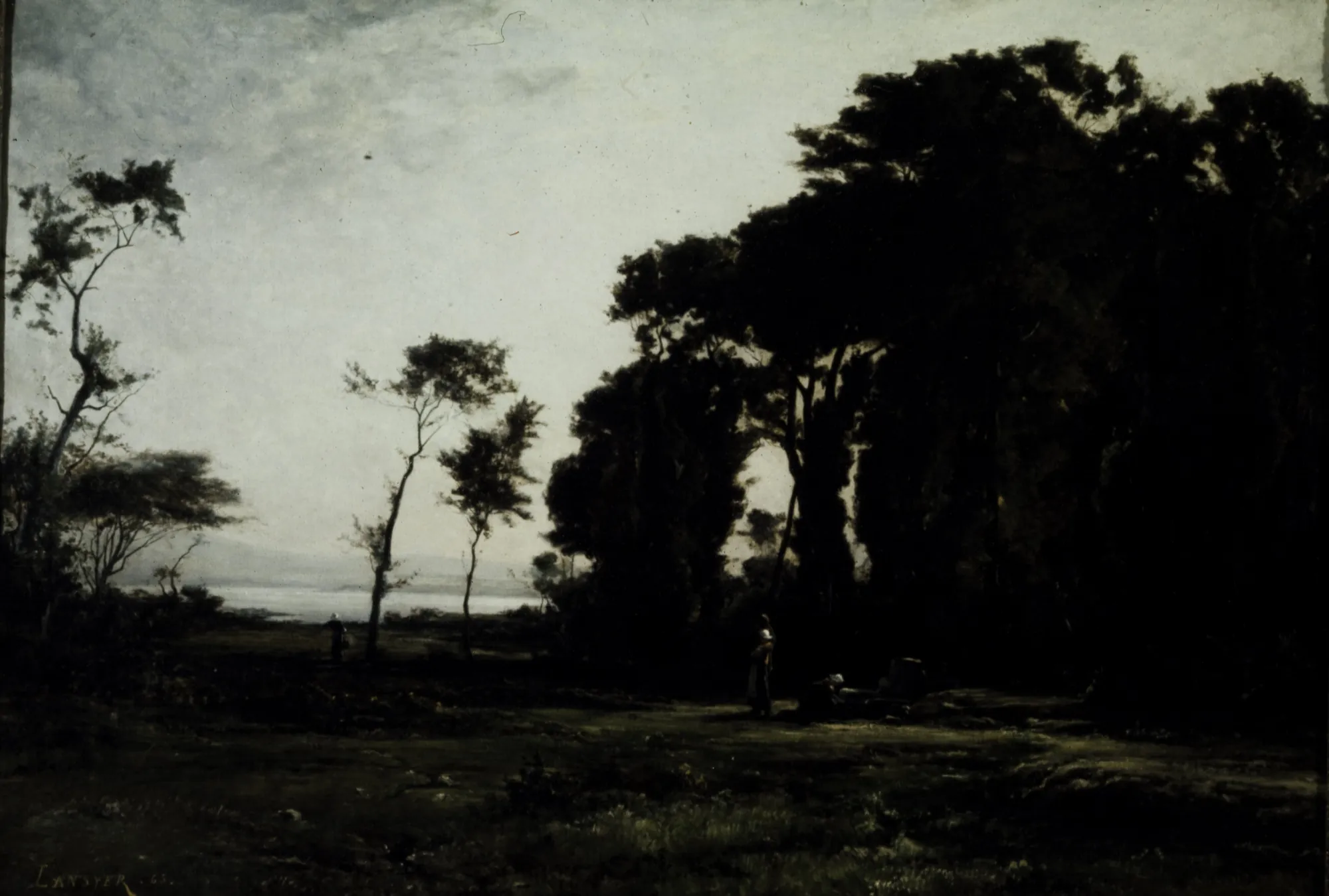 Women at the Spring Women at the Spring by Emmanuel Lansyer. A dark landscape featuring silhouetted trees against a pale sky and a distant body of water, with small figures near a spring in the foreground.