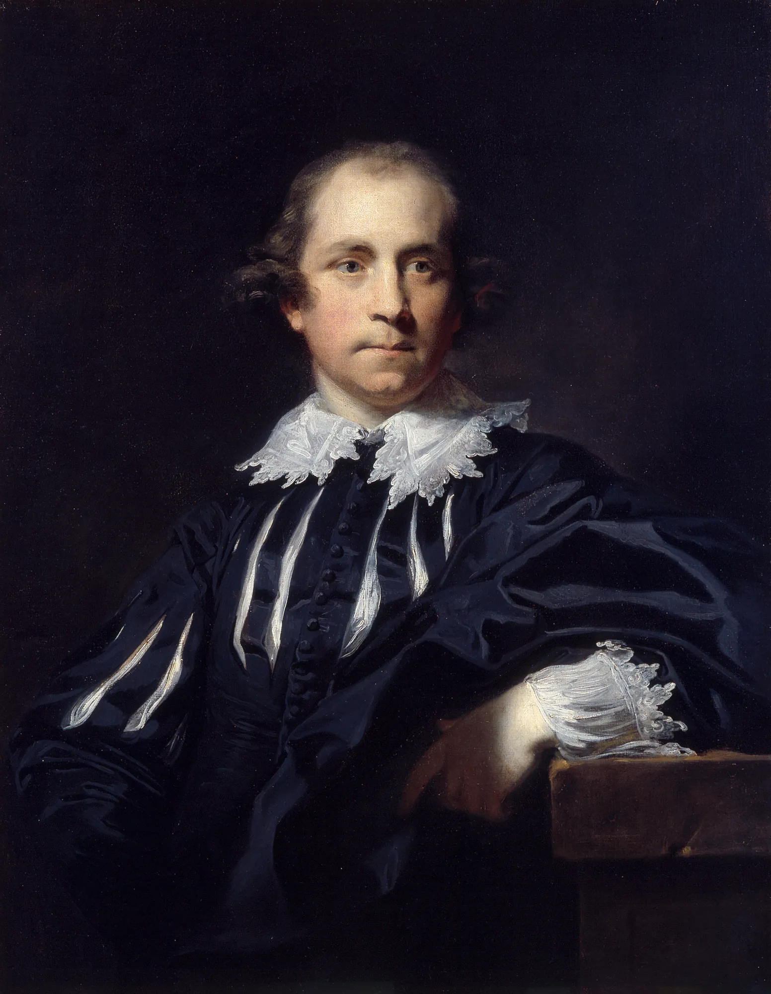 John Julius Angerstein John Julius Angerstein by Joshua Reynolds. A half-length portrait of a man in 18th-century dress, wearing a dark doublet with a prominent white lace collar against a dark, atmospheric background.
