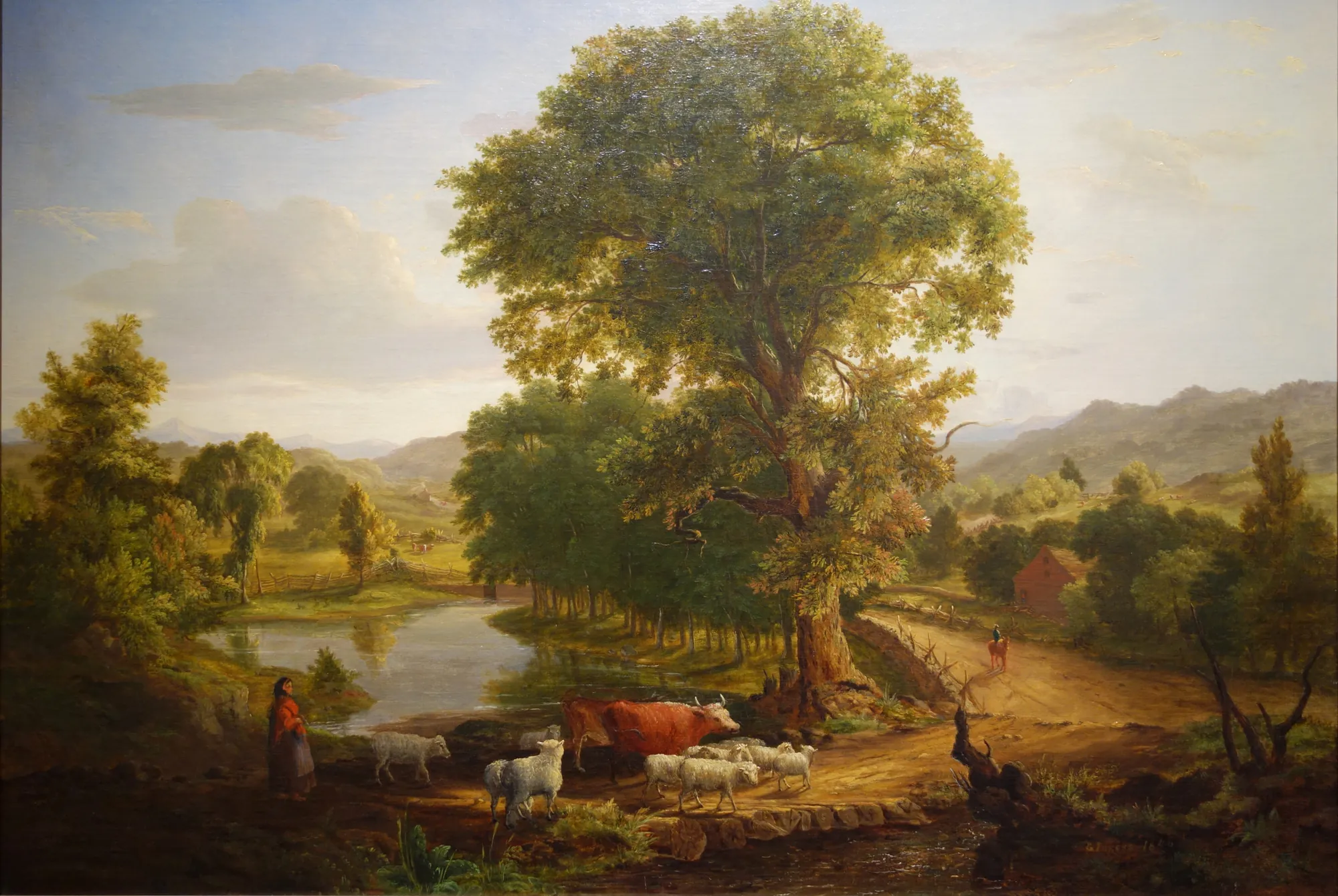 Afternoon Afternoon by George Inness. A luminous pastoral landscape featuring a large central tree, a winding stream with sheep and cattle, and rolling hills under a soft sky.