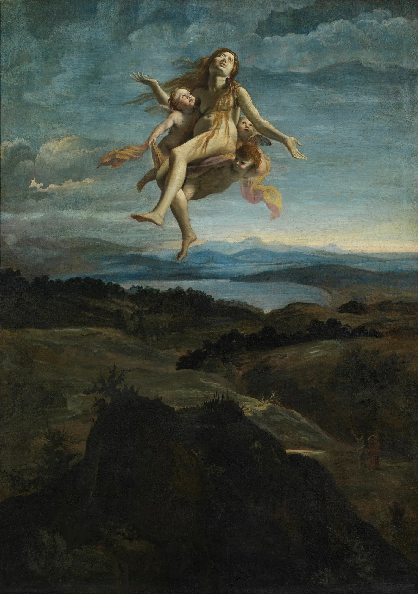 The Assumption of Mary Magdalene The Assumption of Mary Magdalene by Giovanni Lanfranco. A partially draped female figure is lifted into a cloudy blue sky by three small cherubs above a vast, dark landscape.