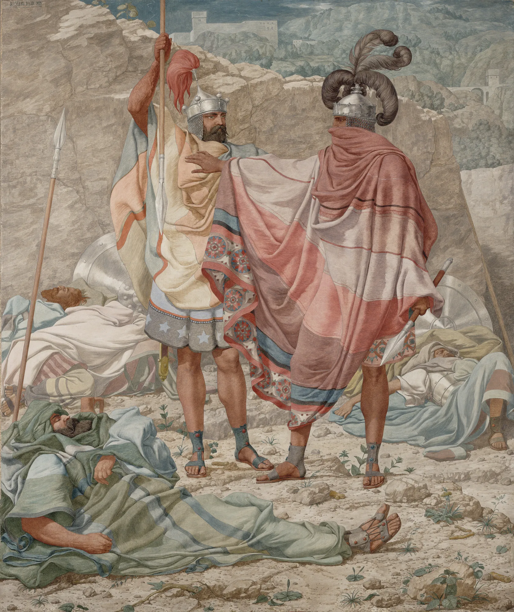 Mercy: David Spareth Saul's Life Mercy: David Spareth Saul's Life by Richard Dadd. Two soldiers in elaborate, patterned cloaks and distinctive feathered helmets stand over a sleeping man in a rocky landscape.
