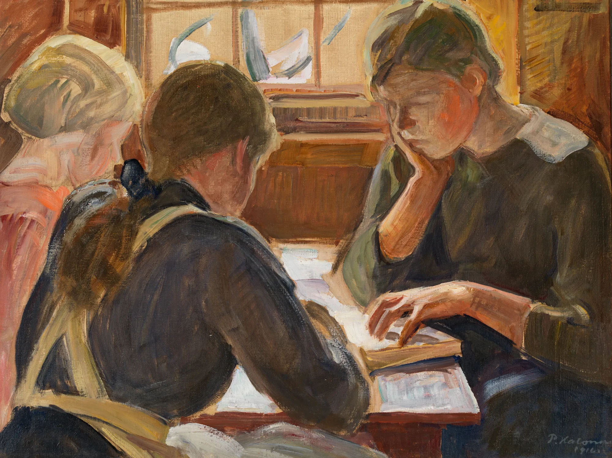 Children Reading Children Reading by Pekka Halonen. Three children lean over a table, intently focused on a book in a sunlit interior.