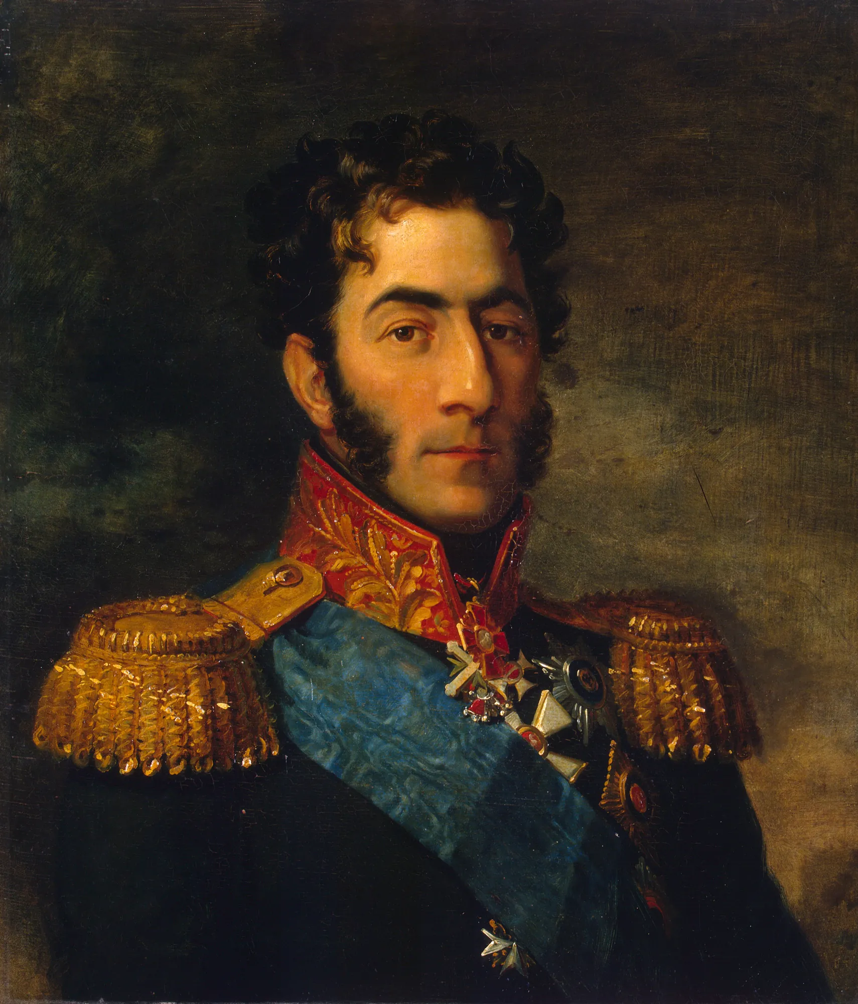 Portrait of General Pyotr Bagration Portrait of General Pyotr Bagration by George Dawe. An oil portrait of a military officer with dark curly hair and sideburns, wearing a black uniform with ornate gold epaulettes, a blue sash, and numerous medals.