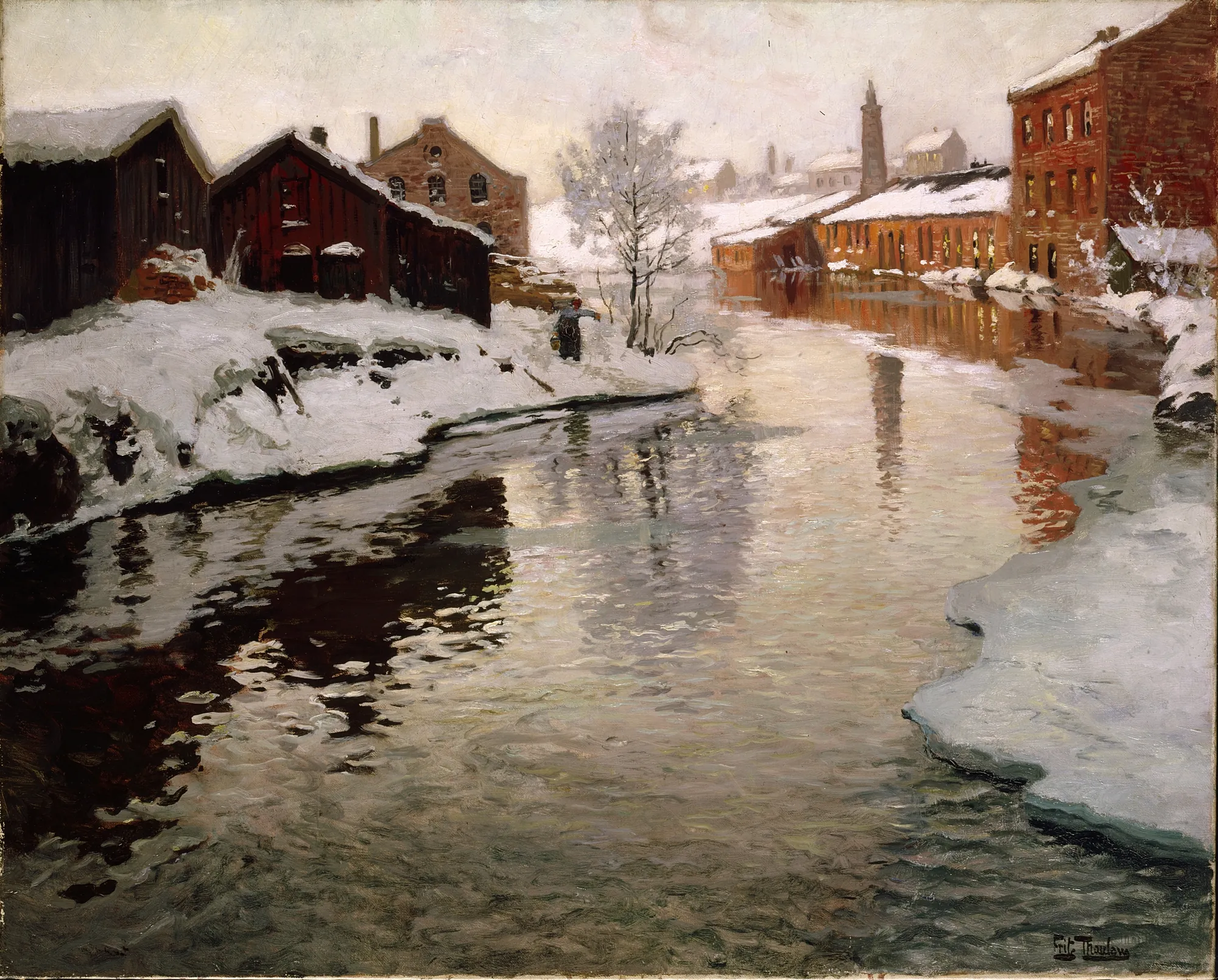 Den gamle fabrikk Den gamle fabrikk by Frits Thaulow. A winter scene featuring a calm river reflecting industrial brick factory buildings and snow-covered banks at dusk.
