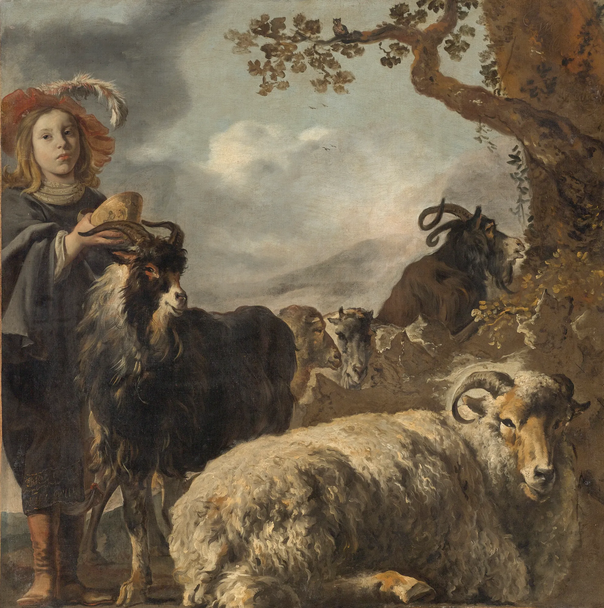 Portrait of a Young Shepherd with Sheep and Goats
