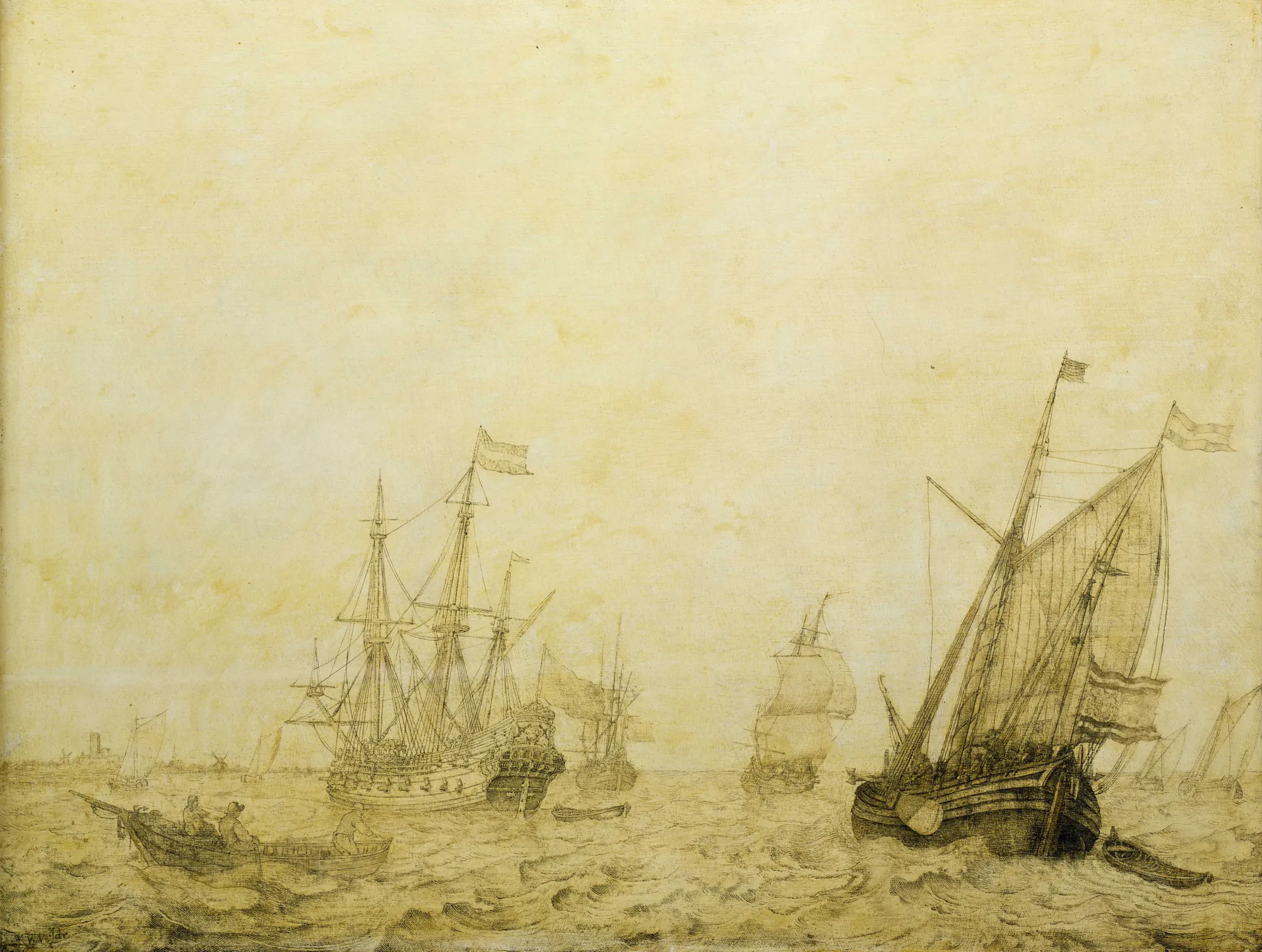 A Wijdschip and Other Vessels off a Harbour