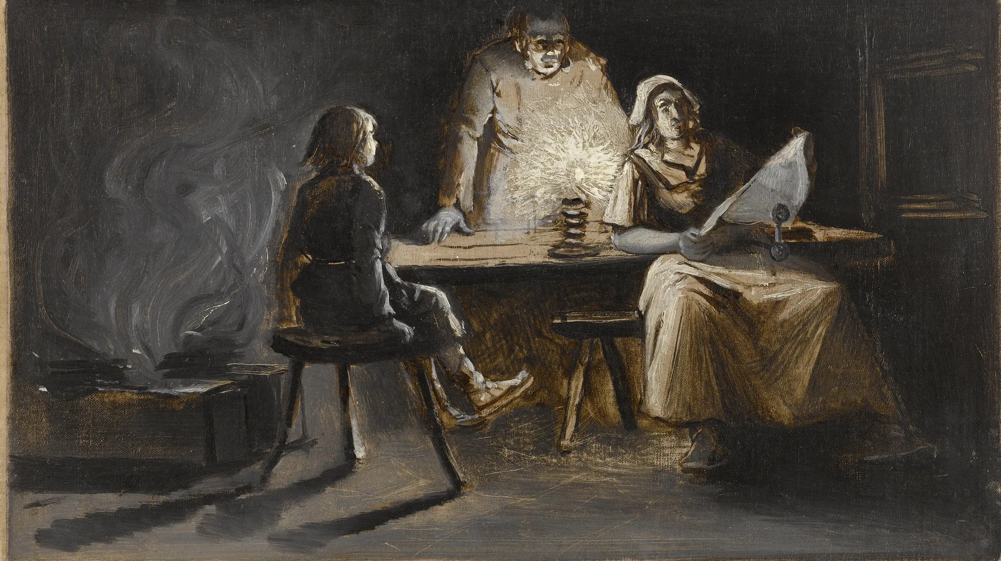 La Famille du Bourreau Nychol La Famille du Bourreau Nychol by Guillaume Albert Demarest. A family gathers around a dimly lit table in a dark room illuminated by a single bright lamp and a hearth on the left.