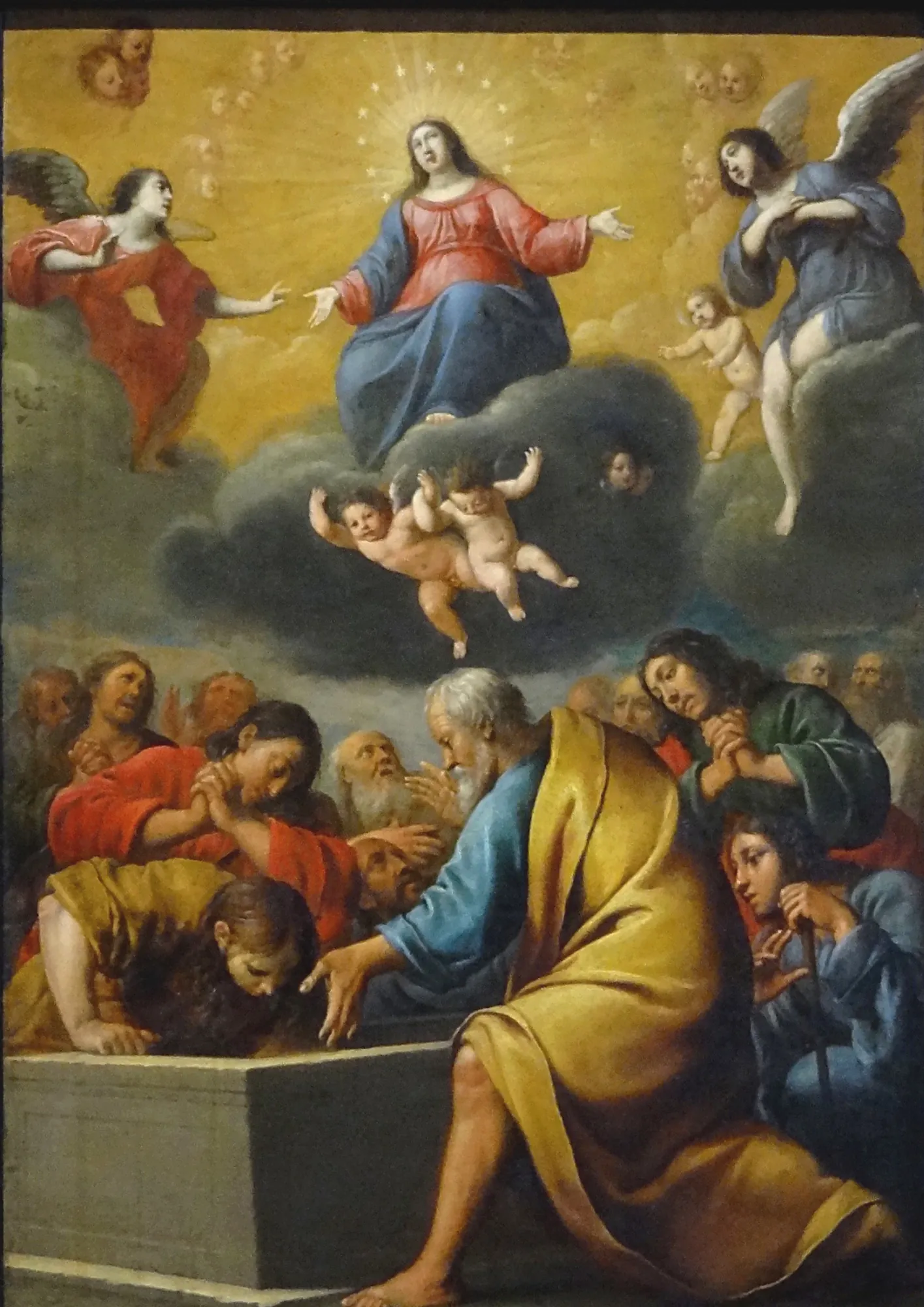 The Assumption of the Virgin The Assumption of the Virgin by Master of the Cortege. The Virgin Mary ascends to heaven on a cloud surrounded by angels, while Apostles gather around her empty tomb below.