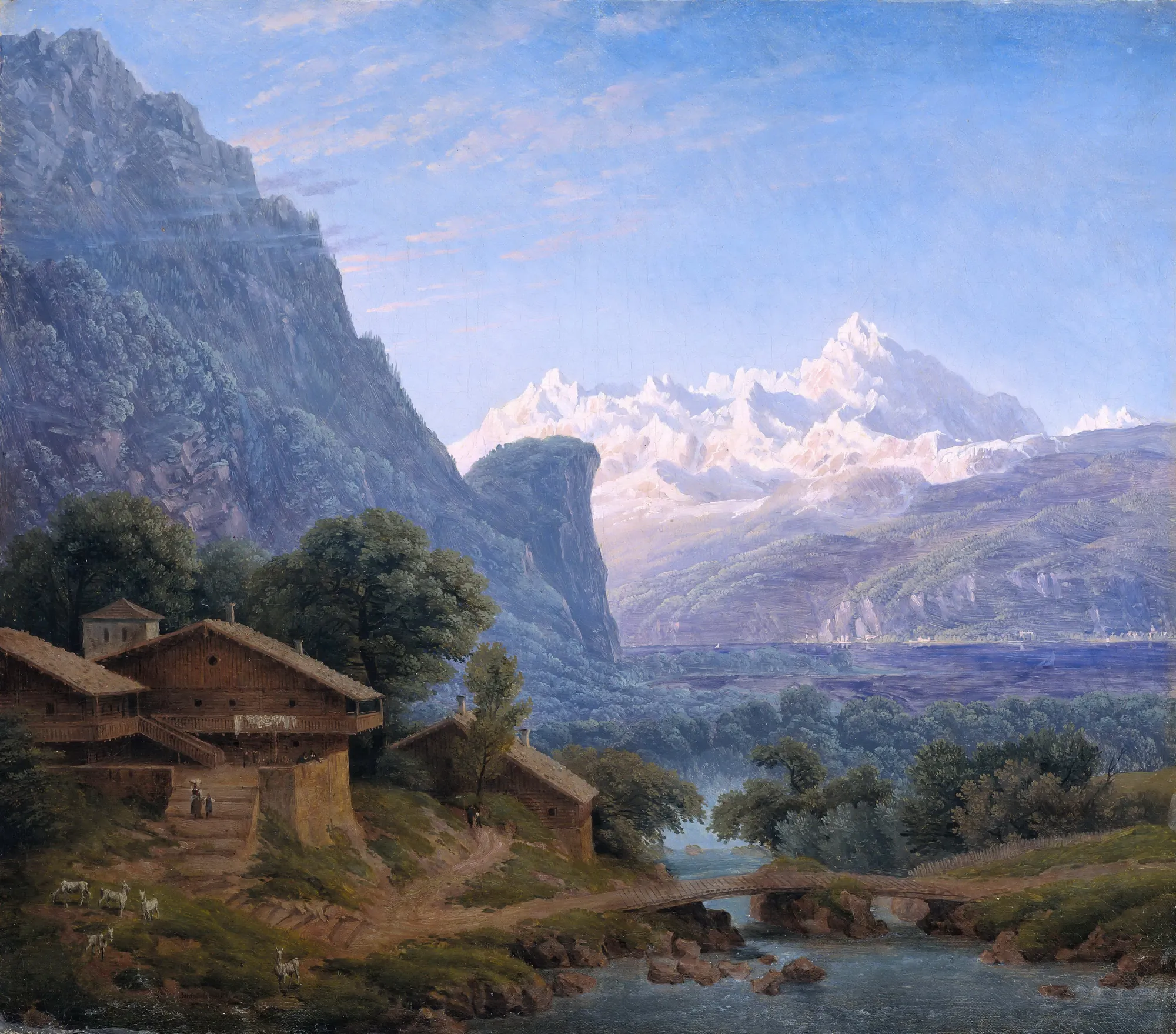 View of Mont Blanc View of Mont Blanc by Karl Friedrich Schinkel. A grand mountain landscape featuring a rustic wooden chalet and small bridge in the foreground against the backdrop of the snow-capped Mont Blanc.