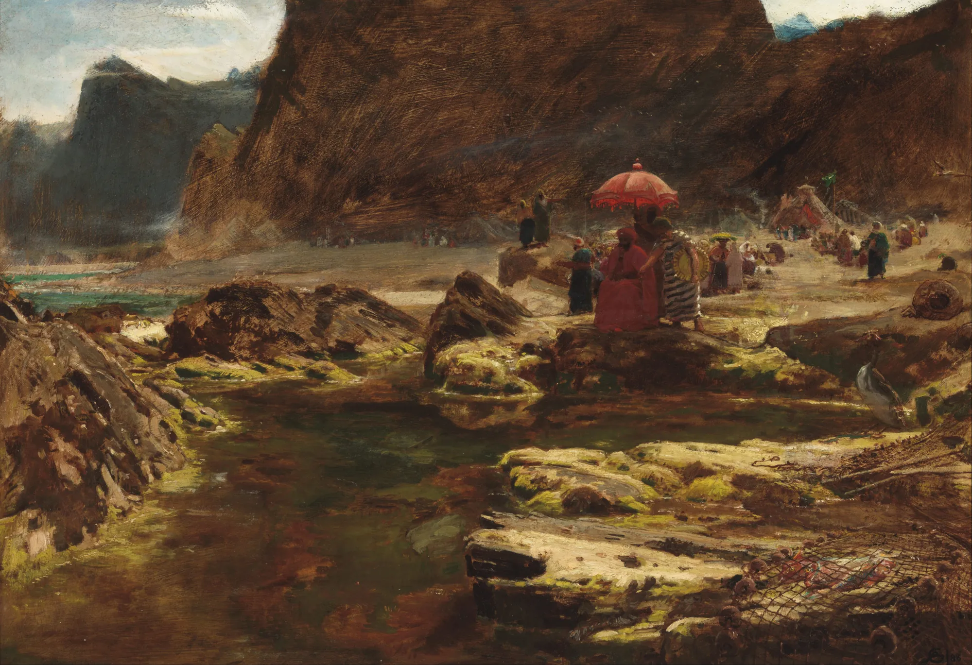 The Sultan and his Camp by the Enchanted Lake The Sultan and his Camp by the Enchanted Lake by Albert Goodwin. A small group of figures, including one sheltered by a red parasol, stands on a rocky shore beside a lake at the foot of massive, dark cliffs.