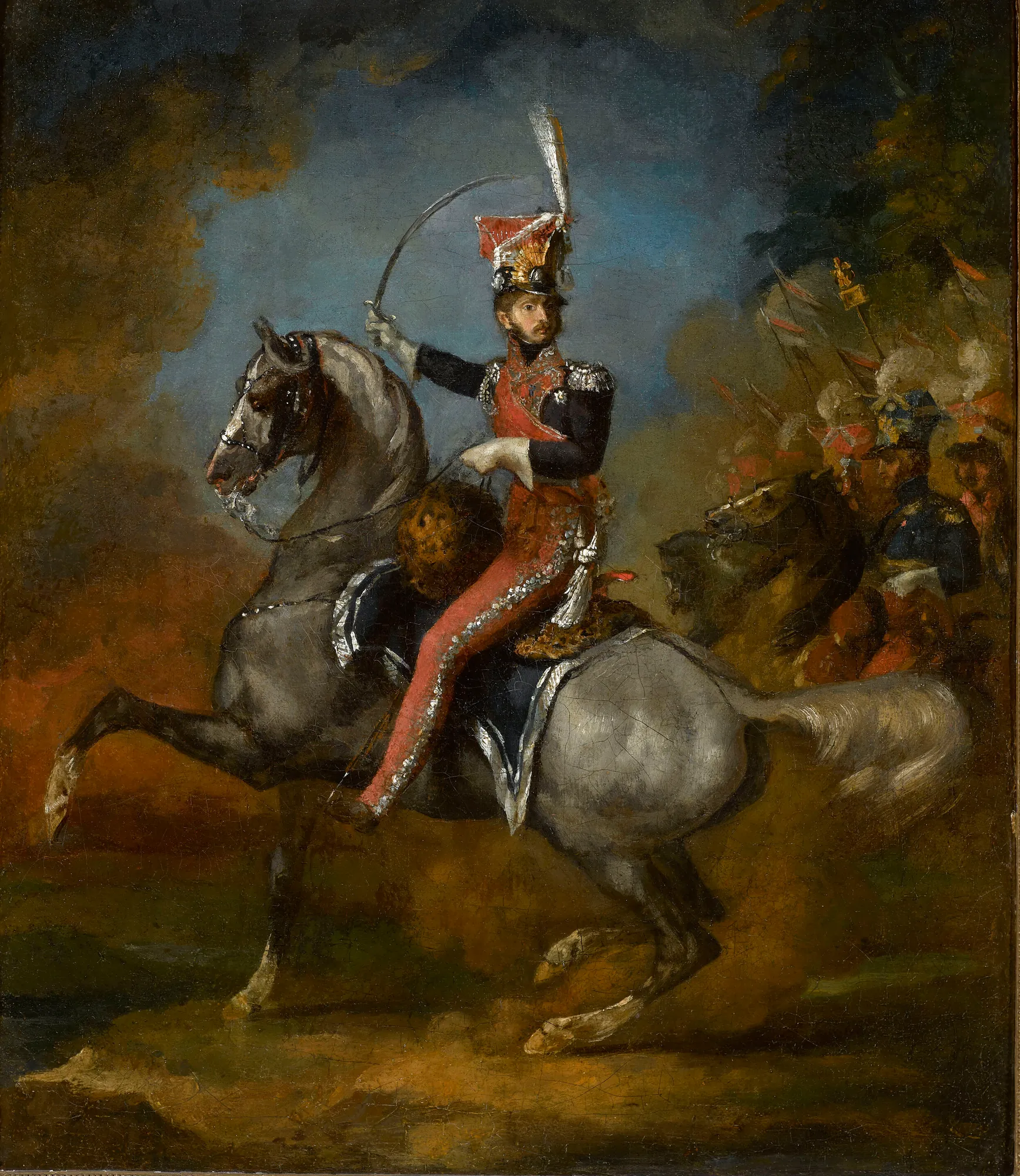 Portrait of General Wincenty Krasiński Portrait of General Wincenty Krasiński by Unknown Artist. A high-drama oil painting depicting a Polish general in Napoleonic military dress, mounted on a white horse amidst the smoke of battle.