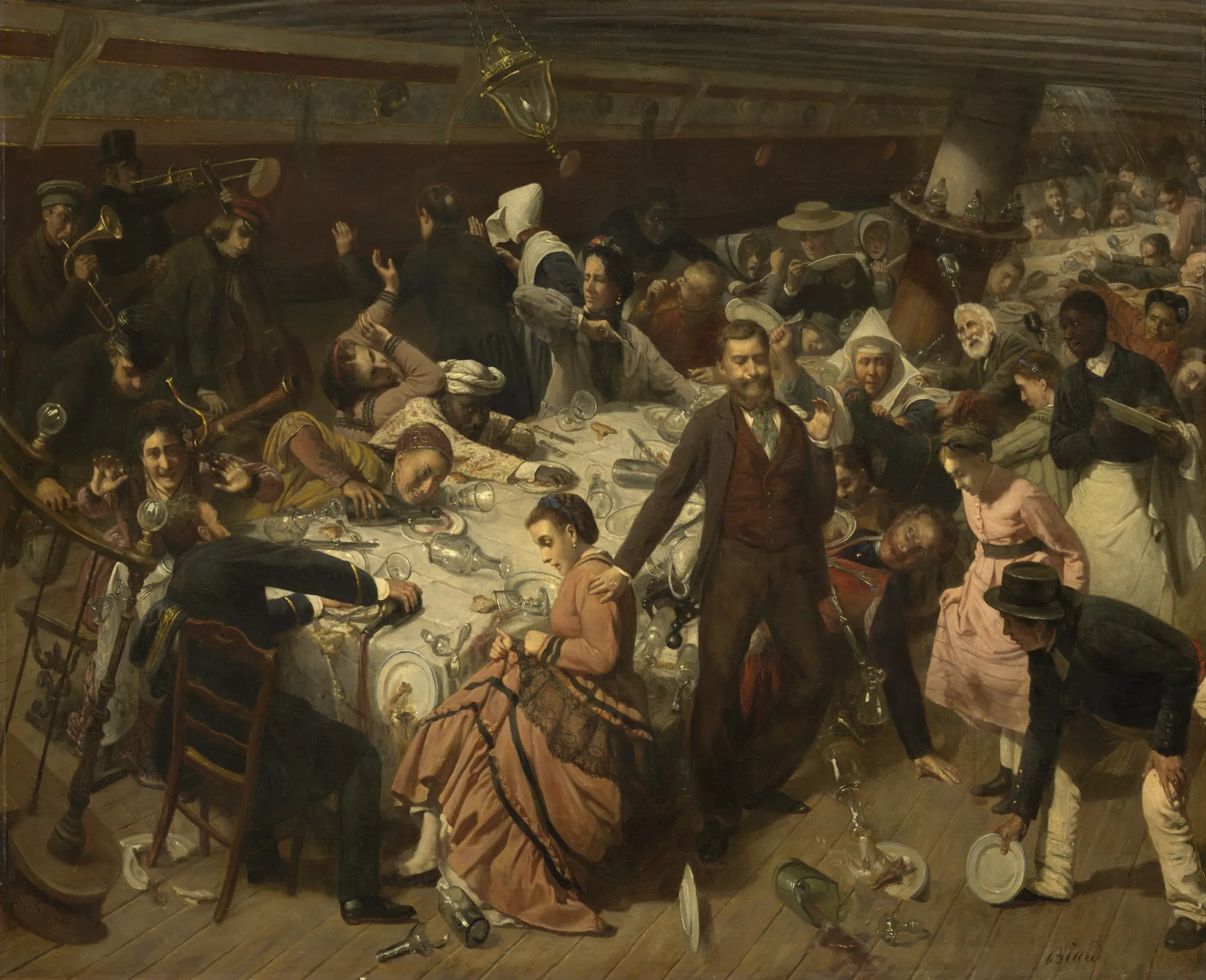 Sudden Squall at Sea Sudden Squall at Sea by François-Auguste Biard. A chaotic 19th-century interior scene aboard a ship where passengers and crew are tossed about a dining table during a storm.