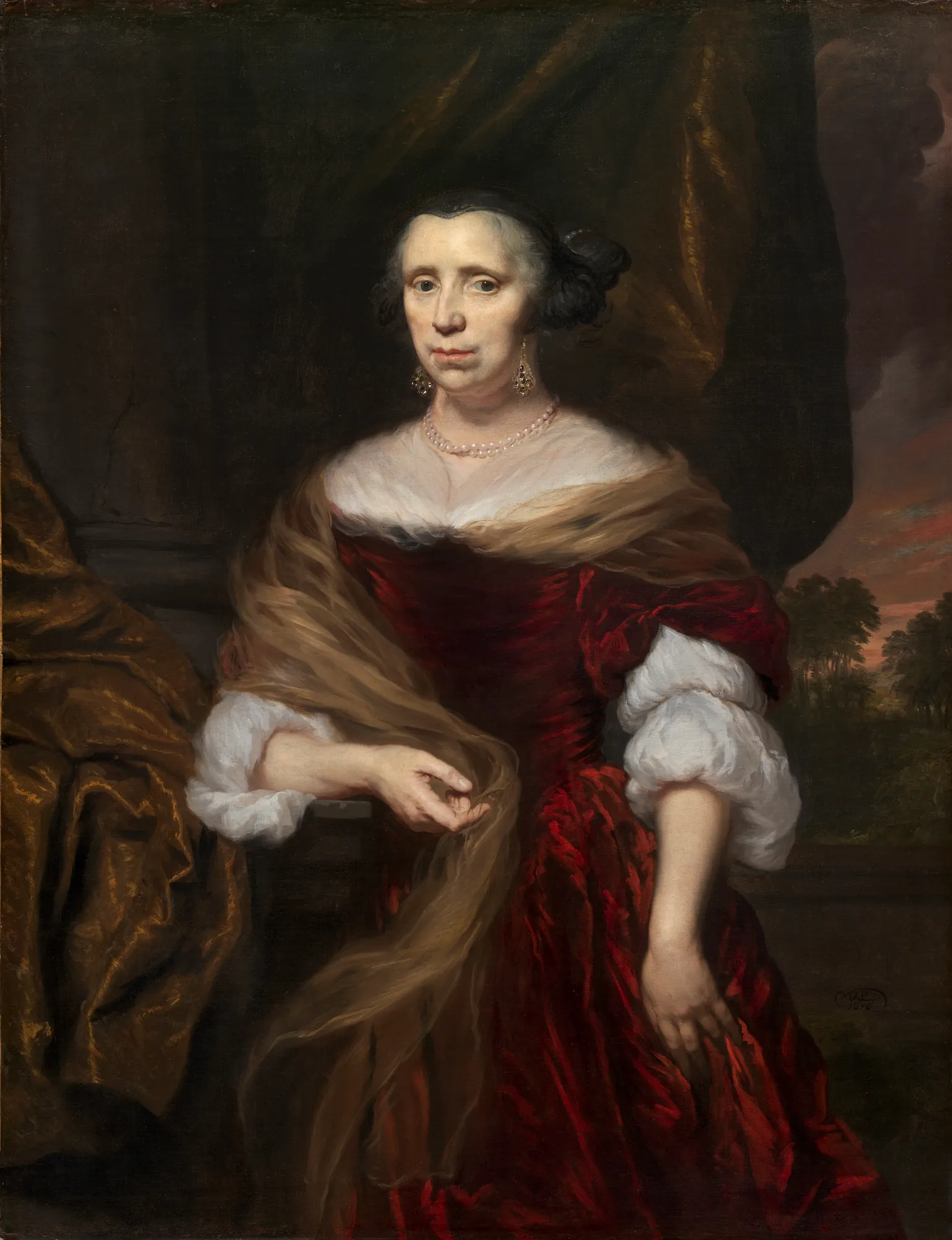 Portrait of a Lady Portrait of a Lady by Nicolaes Maes. A three-quarter length portrait of a woman in a rich red velvet gown with voluminous white sleeves and a sheer brown shawl.