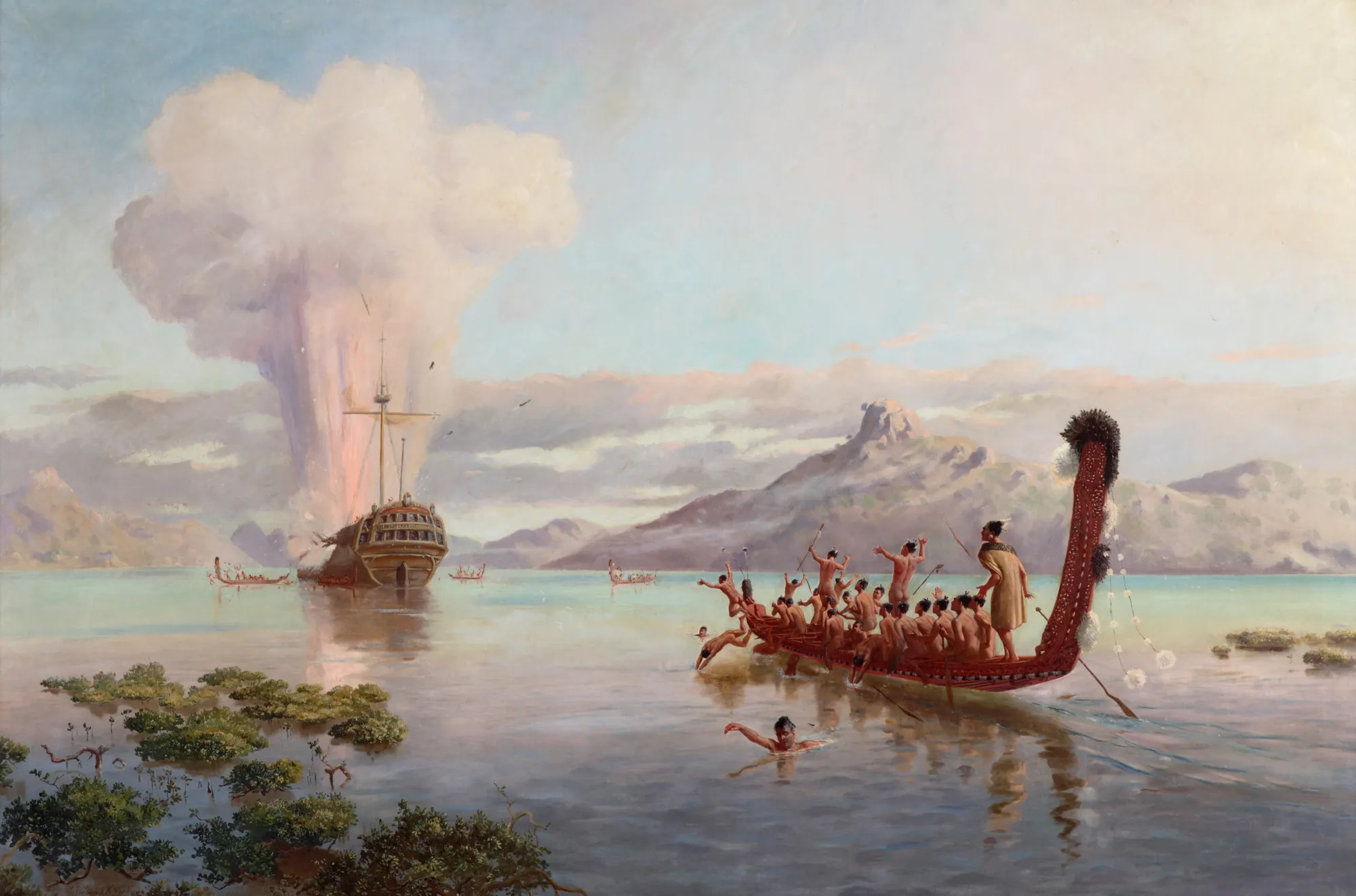The Blowing Up of the Boyd The Blowing Up of the Boyd by Louis John Steele. A historical oil painting depicting a large sailing ship exploding into a massive plume of white and orange smoke in a coastal harbor, with Māori figures in a waka in the foreground.