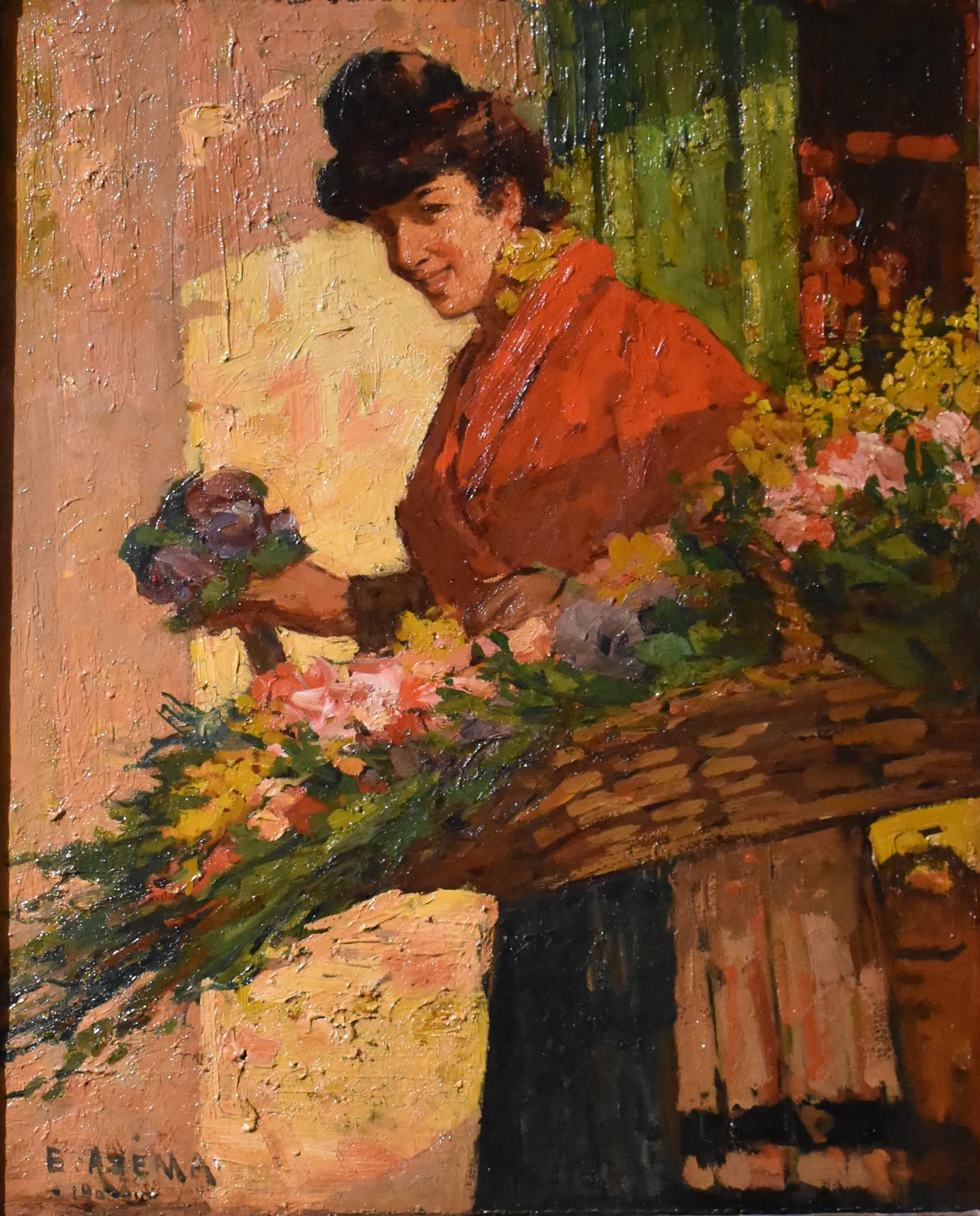 Femme au Panier de Fleurs Femme au Panier de Fleurs by Ernest Azéma. An impressionistic oil painting of a woman in a red shawl and dark hat holding a large, overflowing basket of colorful flowers.