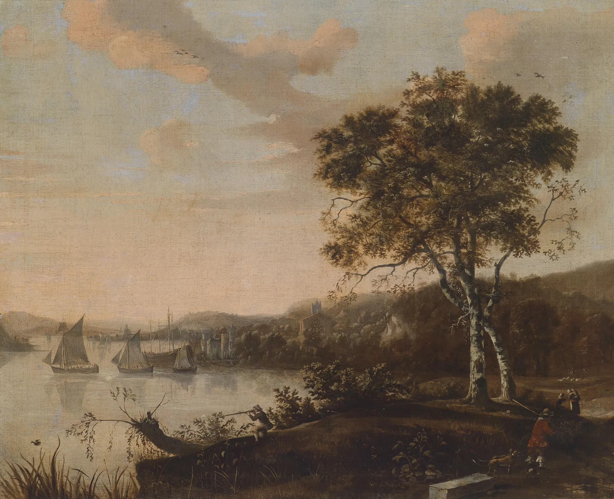 River Landscape with Hunters and a Harbour