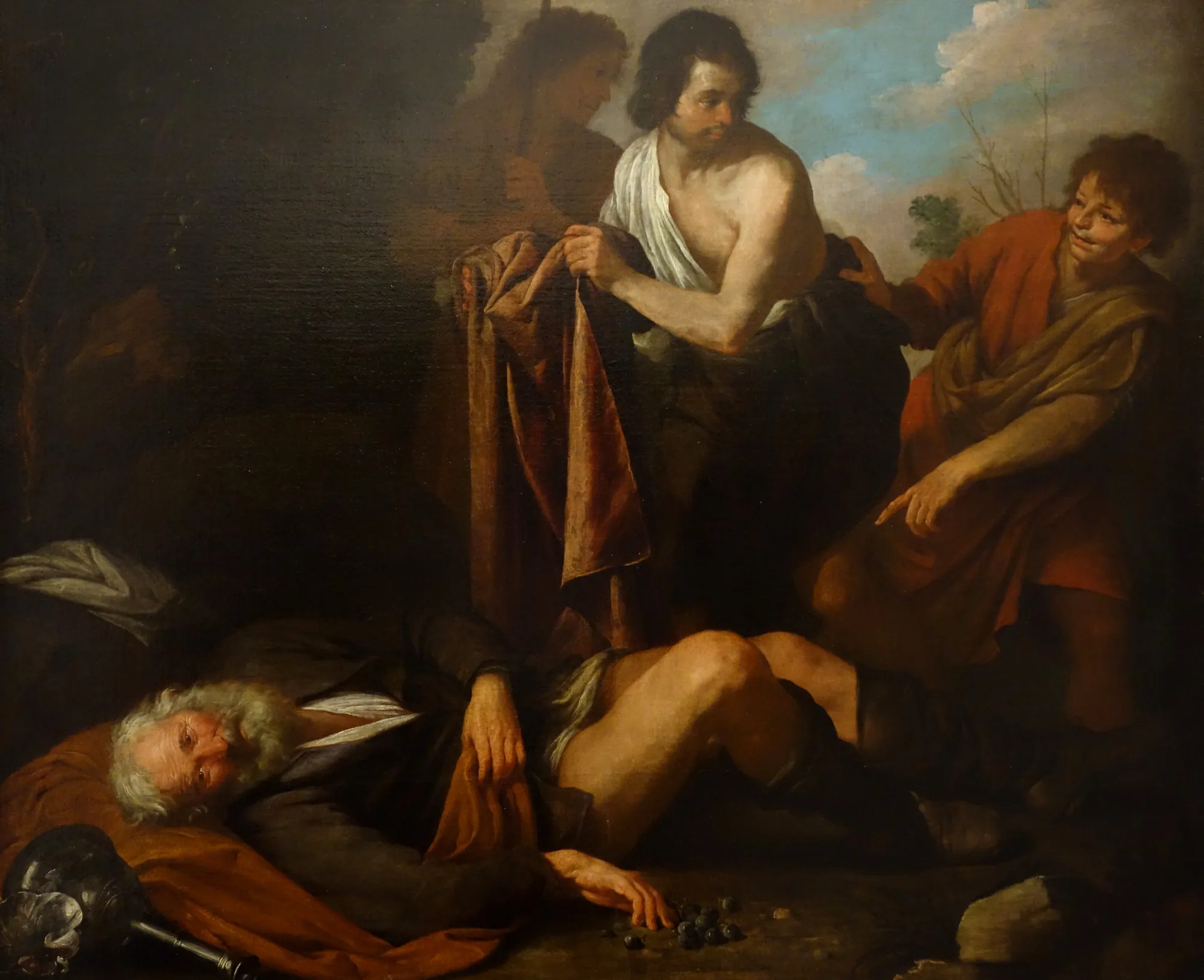 Noah's Inebriation Noah's Inebriation by Giovanni Andrea de Ferrari. An elderly man lies partially unclothed on the ground while three younger men observe him, one gesturing and another holding a dark garment.