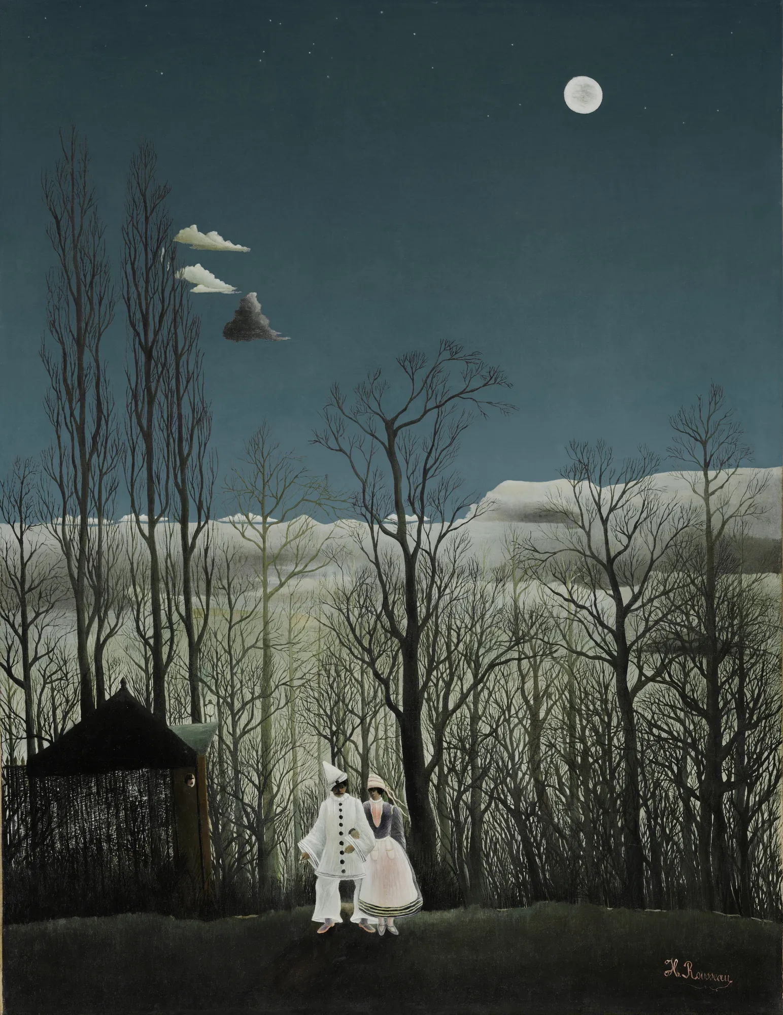 Carnival Evening Carnival Evening by Henri Rousseau. Two figures in white carnival costumes walk through a dense, bare forest under a glowing full moon and a dark night sky.