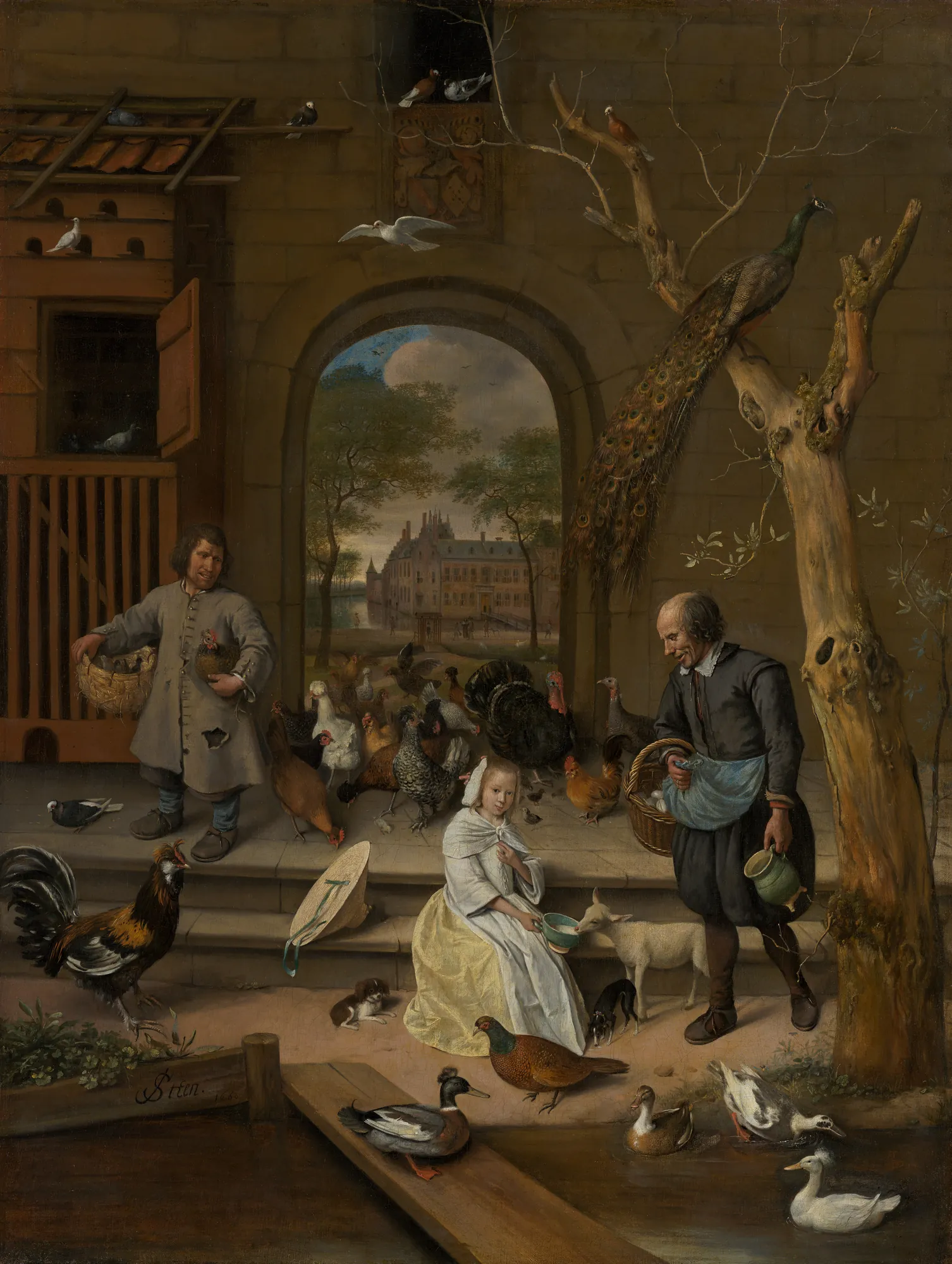 The Poultry Yard The Poultry Yard by Jan Steen. A young girl in a yellow skirt sits on stone steps feeding a lamb, surrounded by a dense collection of birds, including a peacock, turkeys, and pigeons, near an arched gateway.