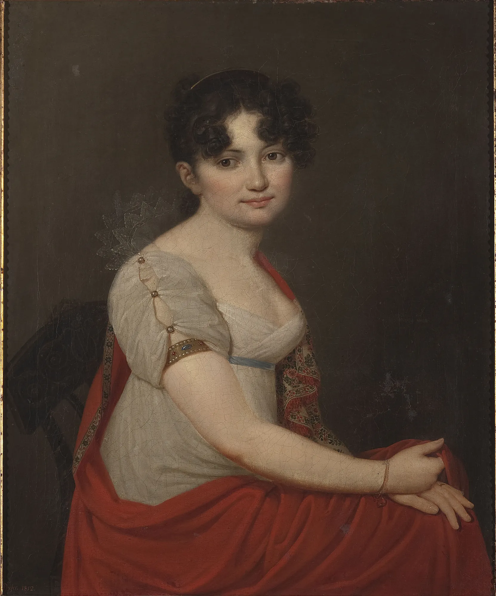 Portrait of Mrs. Dziekońska Portrait of Mrs. Dziekońska by Jan Pfeifer. A three-quarter length portrait of a woman with dark curly hair wearing a white high-waisted gown and a draped red shawl.