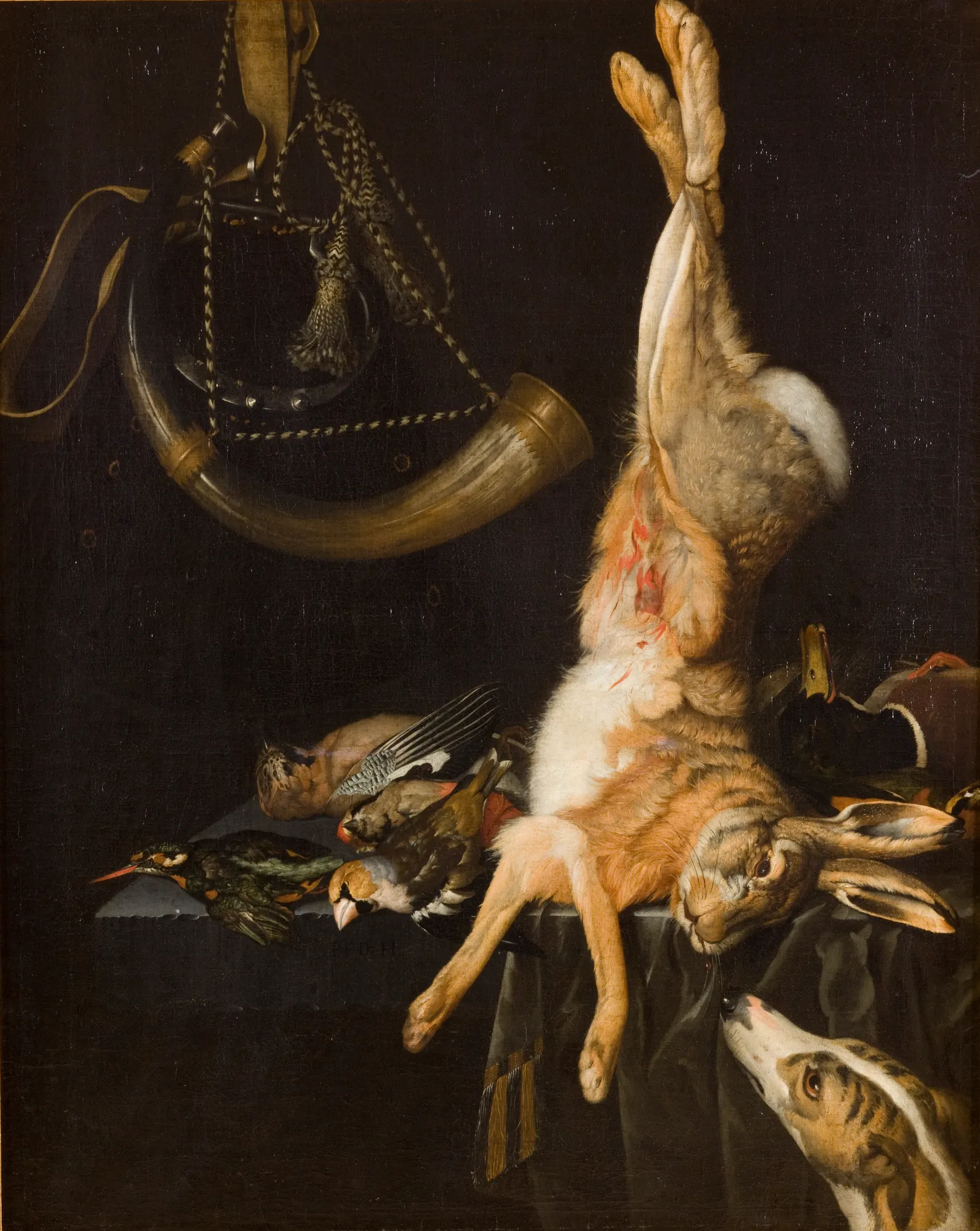 Still Life with a Hare Still Life with a Hare by Philipp Ferdinand de Hamilton. A central hare hangs by its legs on a stone ledge surrounded by various game birds and a hunting horn against a dark background.