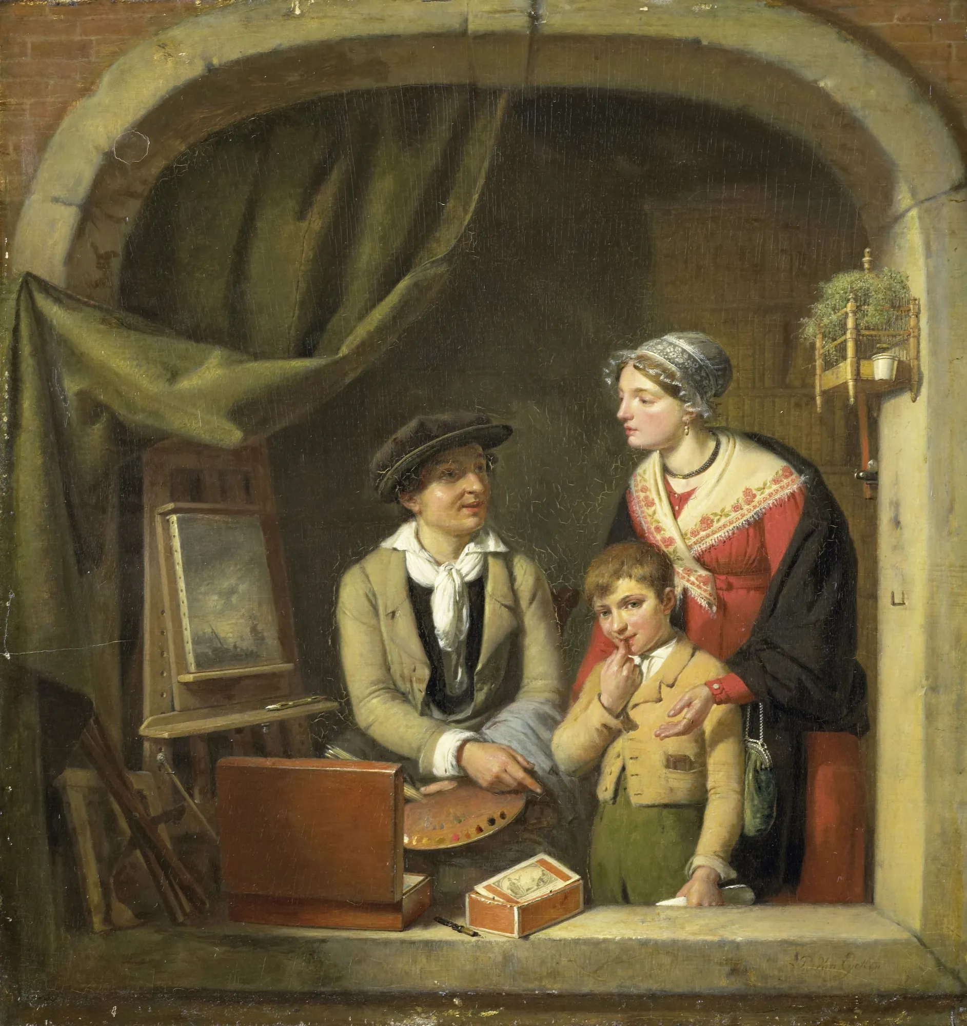 Becoming a Painter Becoming a Painter by Jean-Baptiste Van Eycken. A painter with a palette sits before an easel, conversing with a woman and a young boy framed by a stone arch.