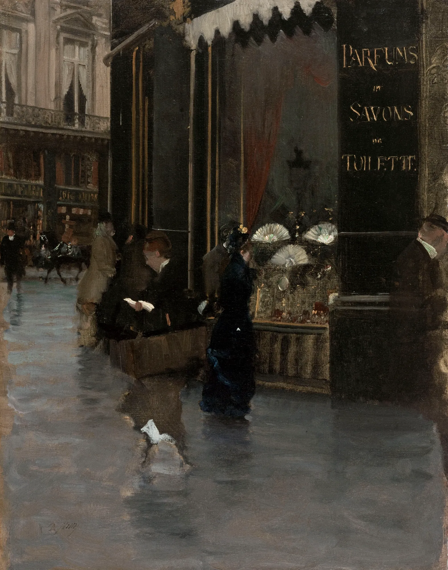 The Violet Perfumery, Paris The Violet Perfumery, Paris by Giuseppe De Nittis. An atmospheric street scene in Paris showing pedestrians in front of a dark storefront with a window display of fans and signage for perfumes.