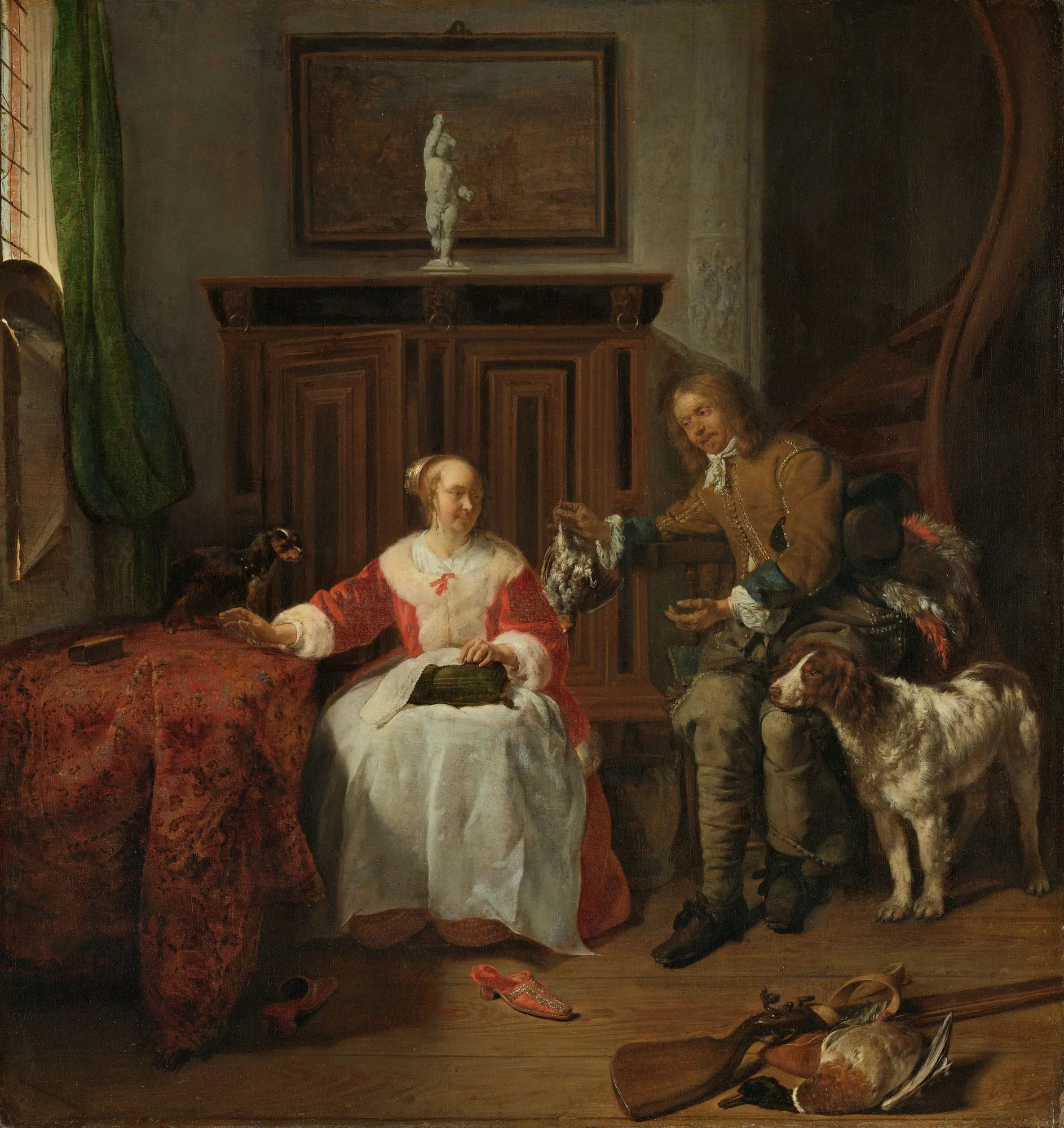 The Hunter’s Present The Hunter’s Present by Gabriel Metsu. In a 17th-century interior, a hunter presents his catch to a seated woman dressed in red and white, while two dogs wait nearby.