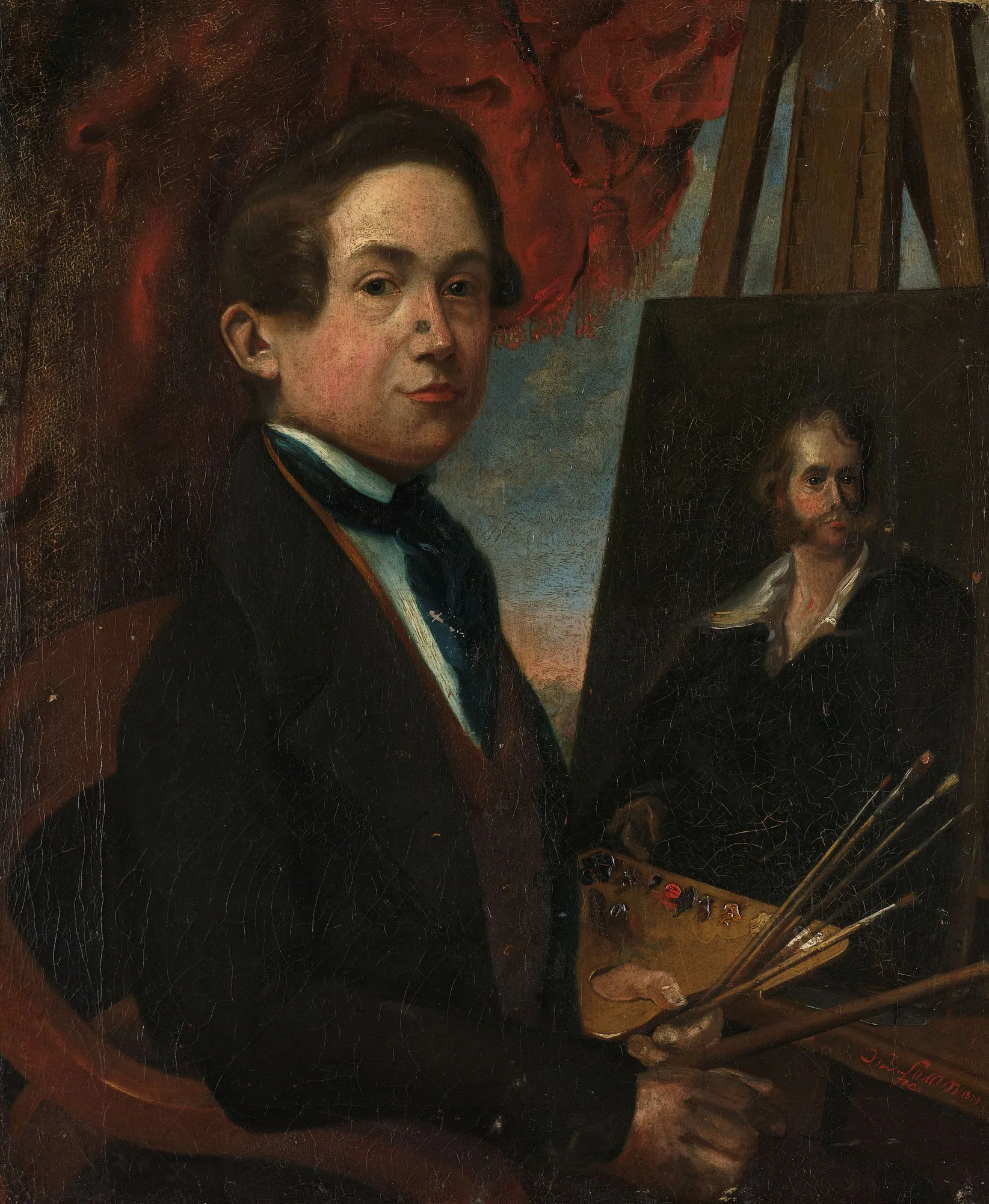 Self-Portrait Self-Portrait by Johannes Daniël Susan. A young man in a dark jacket holds a palette and brushes while seated before an easel displaying another portrait.