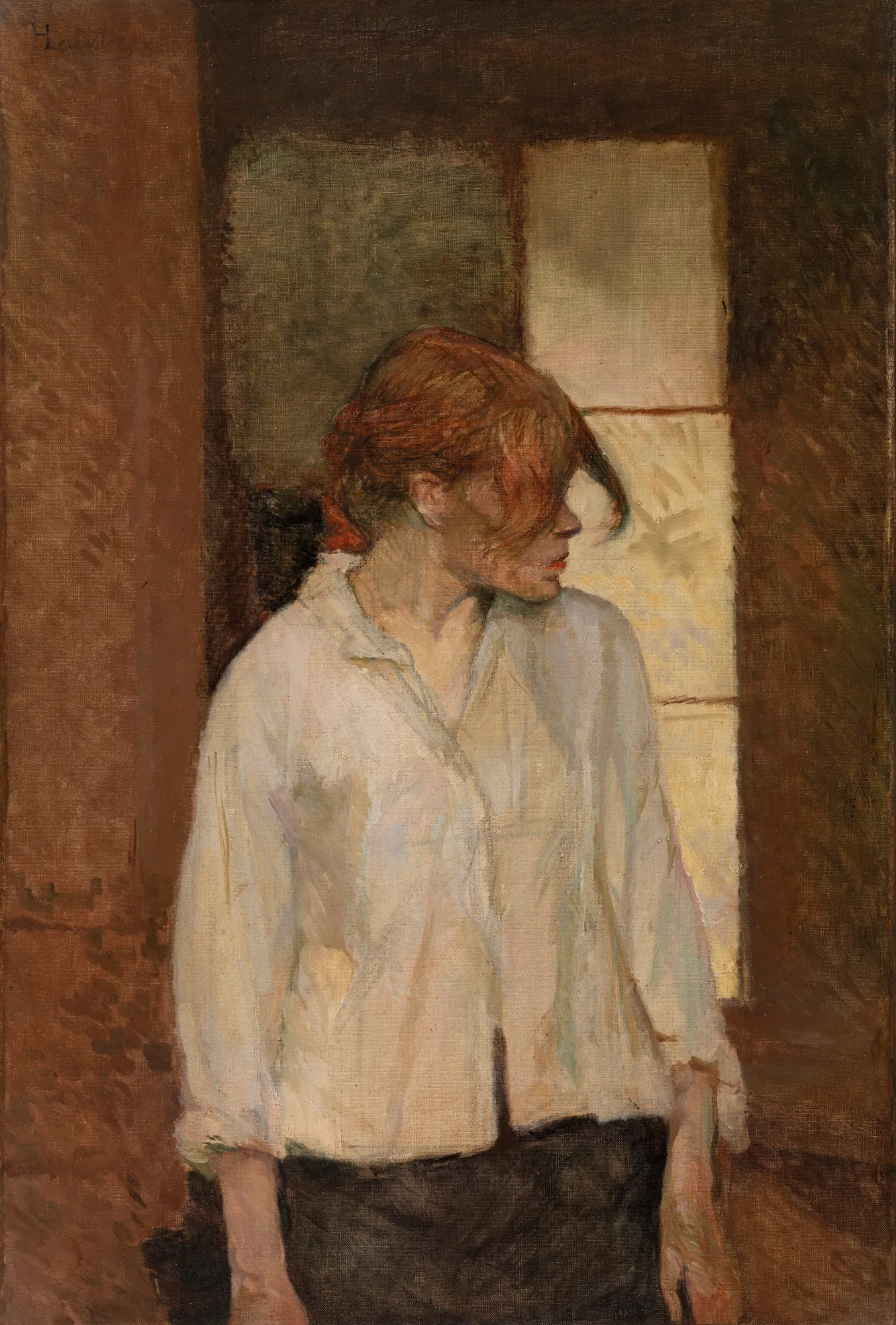 Rosa La Rouge (À Montrouge) Rosa La Rouge (À Montrouge) by Henri de Toulouse-Lautrec. A profile portrait of a woman with red hair wearing a loose white blouse and dark skirt, set against a dark, textured background.