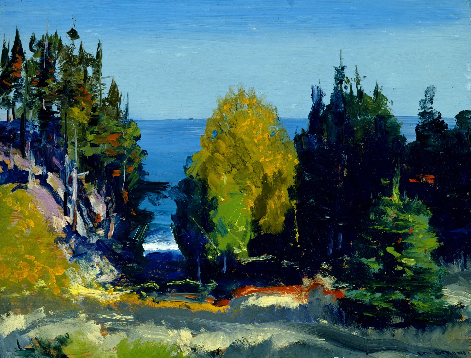 The Grove, Monhegan The Grove, Monhegan by George Bellows. A vibrant yellow-green tree stands between dark evergreens on a rocky shore overlooking a bright blue ocean under a clear sky.