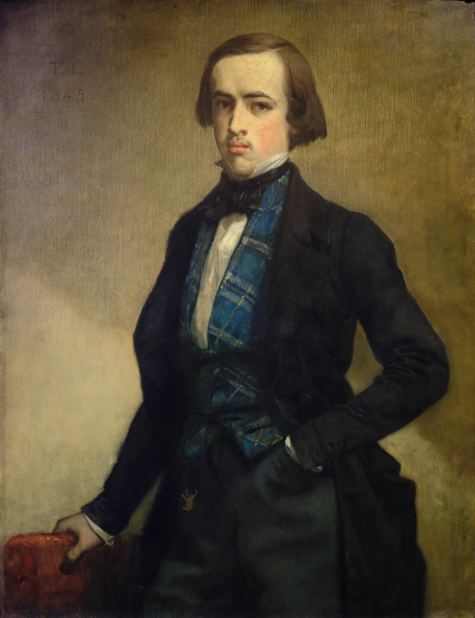 Portrait of Adolphe Moreau Portrait of Adolphe Moreau by Thomas Couture. A three-quarter length portrait of a young man with brown hair, wearing a dark jacket and a vibrant blue plaid waistcoat.