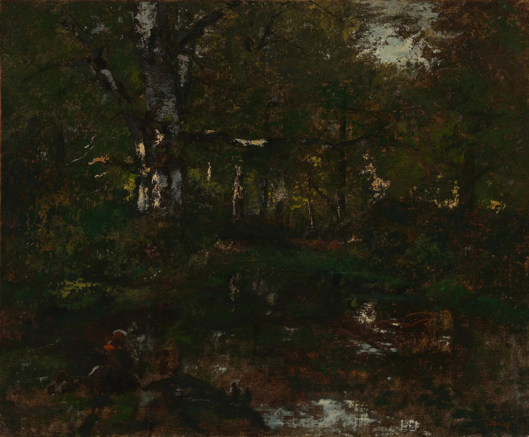 The Pool The Pool by Narcisse Virgilio Díaz. A dark, atmospheric woodland scene with light filtering through dense trees onto a small, still pool.