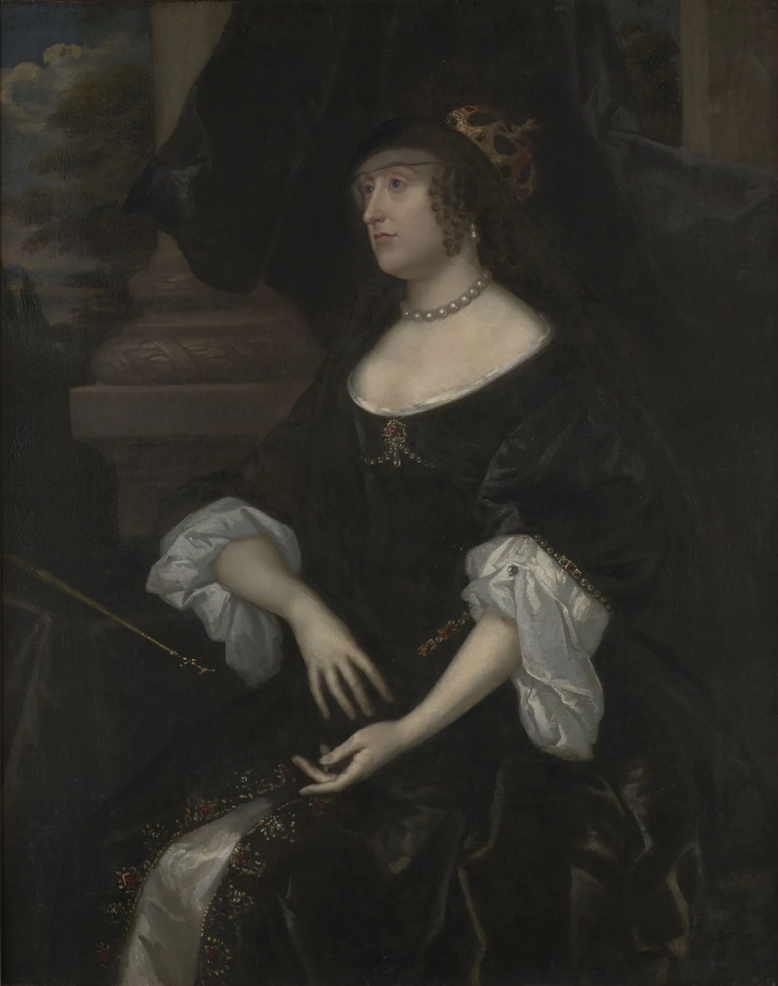 Elizabeth, Queen of Bohemia Elizabeth, Queen of Bohemia by Unknown Artist. A three-quarter length oil portrait of a woman in a black mourning gown and veil, adorned with pearls, set against a dark architectural backdrop.