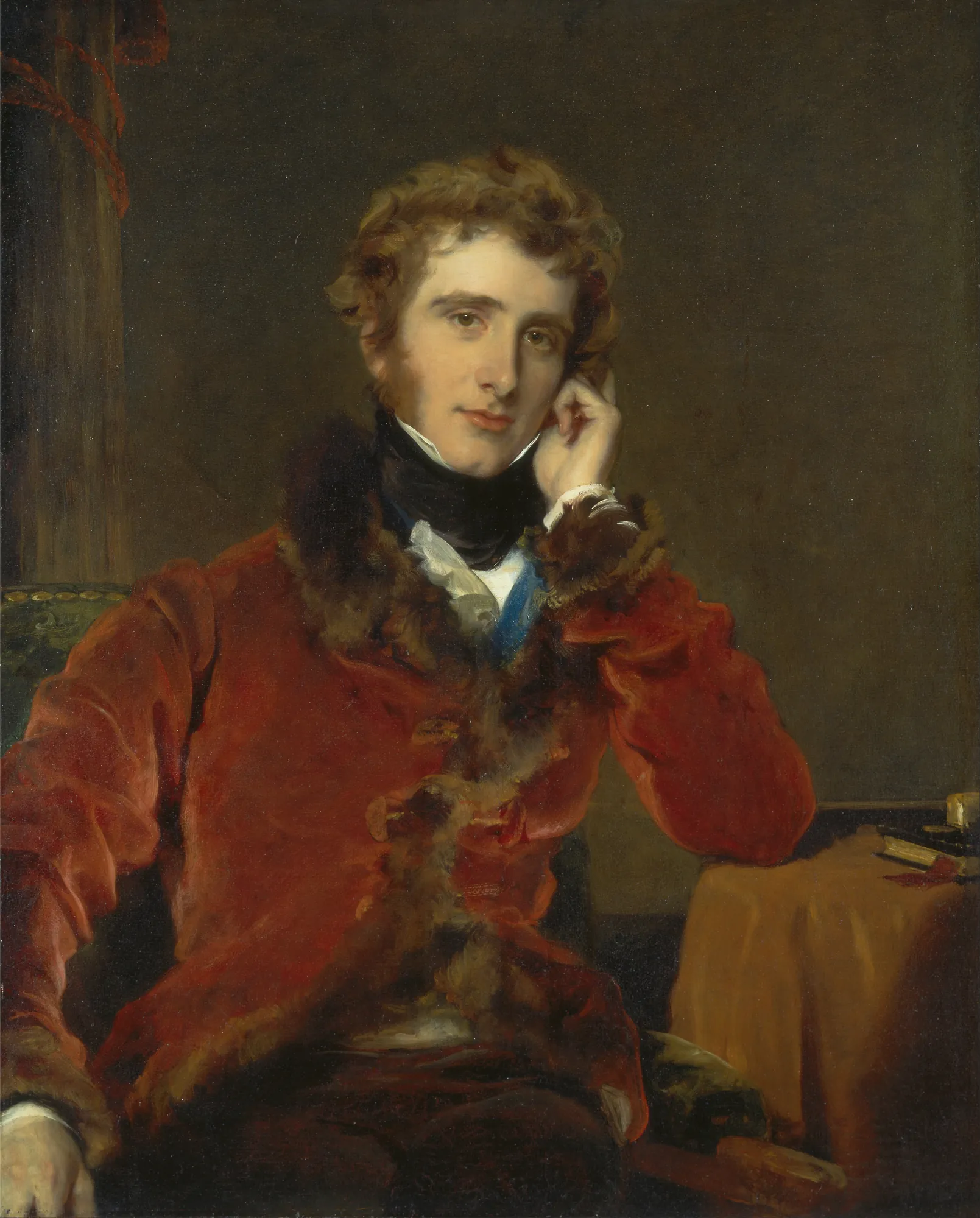 George James Welbore Agar-Ellis, 1st Lord Dover George James Welbore Agar-Ellis, 1st Lord Dover by Thomas Lawrence. A half-length portrait of a young man with curly hair, wearing a fur-trimmed red coat and a high black collar, resting his face against his hand in a contemplative pose.