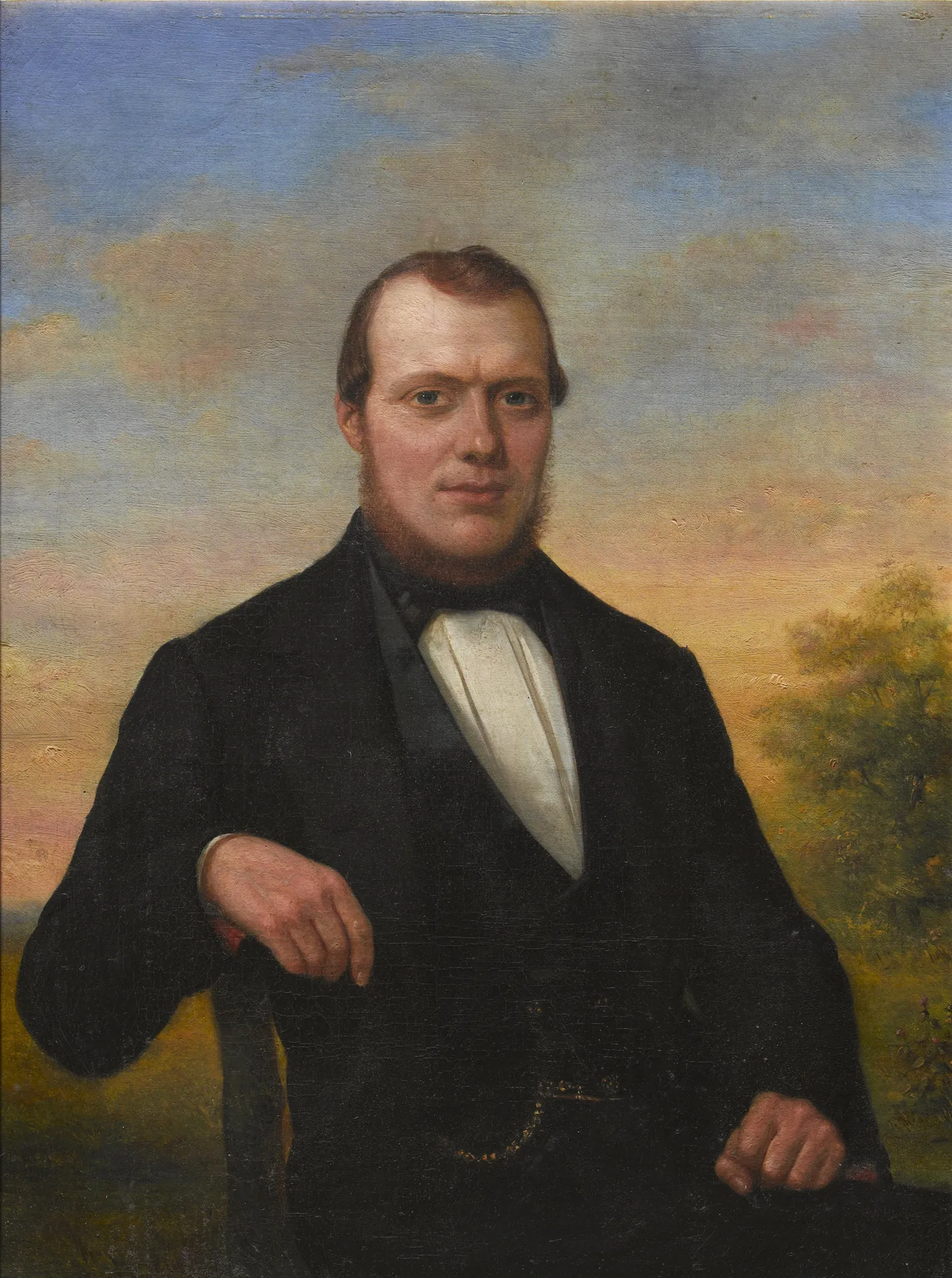 Portrait of Barend Gleijsteen Portrait of Barend Gleijsteen by Hendrik Vorderman. A 19th-century oil portrait of a seated man in a dark suit and white cravat, set against a soft landscape under a warm sunset sky.