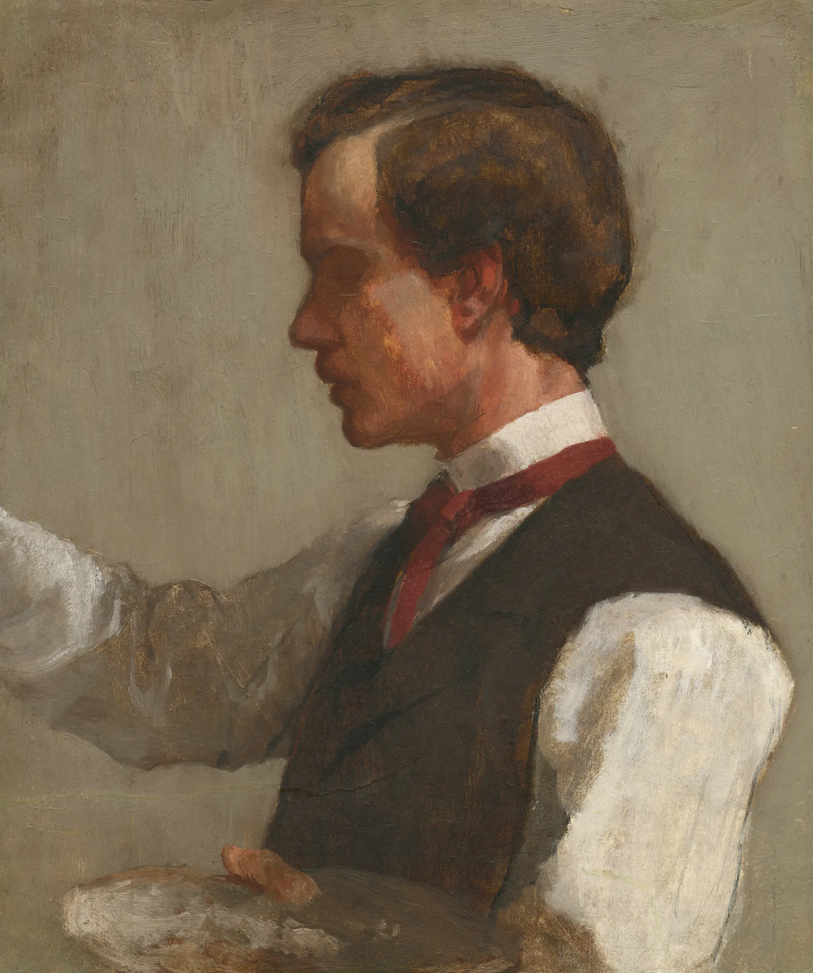 William James William James by John La Farge. A profile oil portrait of a young man with brown hair wearing a dark vest and white shirt, holding a painter's palette.